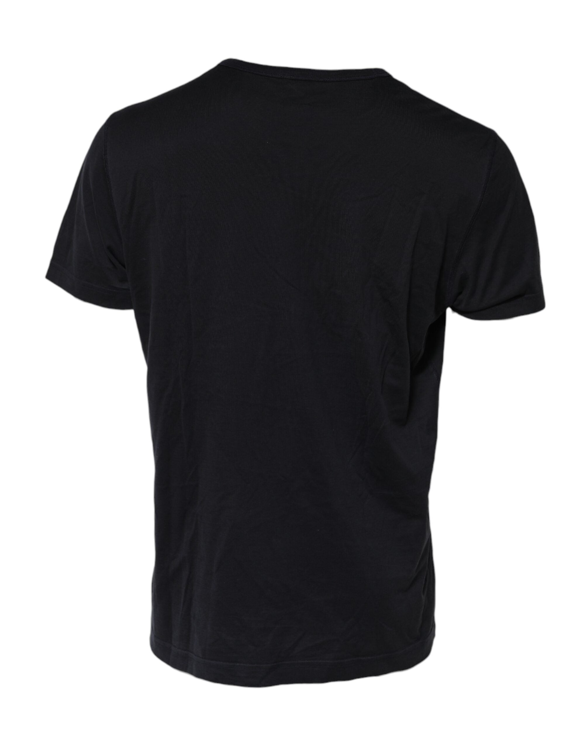 Dolce & Gabbana Dunkelblaues T-Shirt mit Logo-Plakette aus Baumwolle mit Rundhalsausschnitt