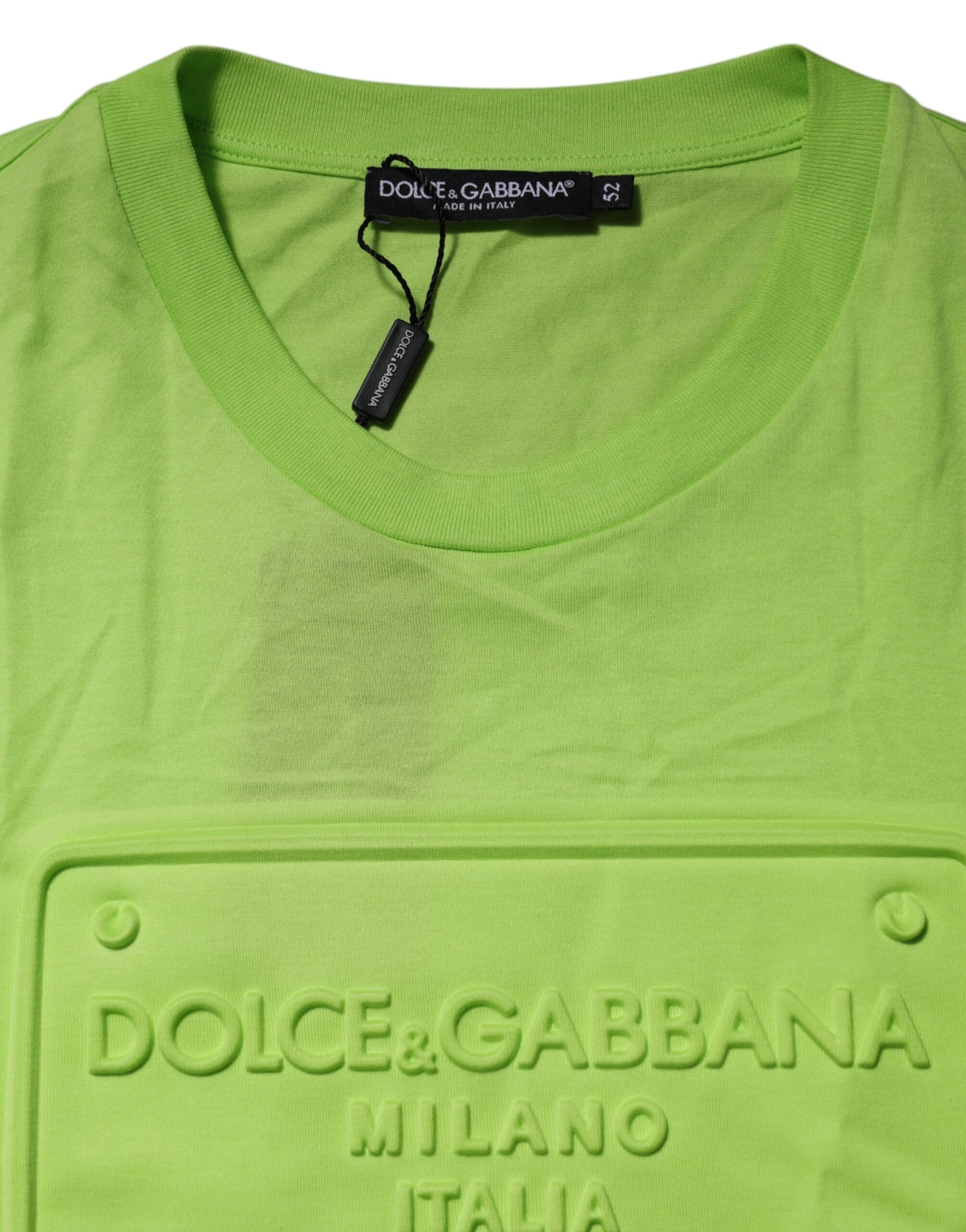 Dolce & Gabbana Grünes T-Shirt mit geprägtem Logo und Rundhalsausschnitt aus Baumwolle