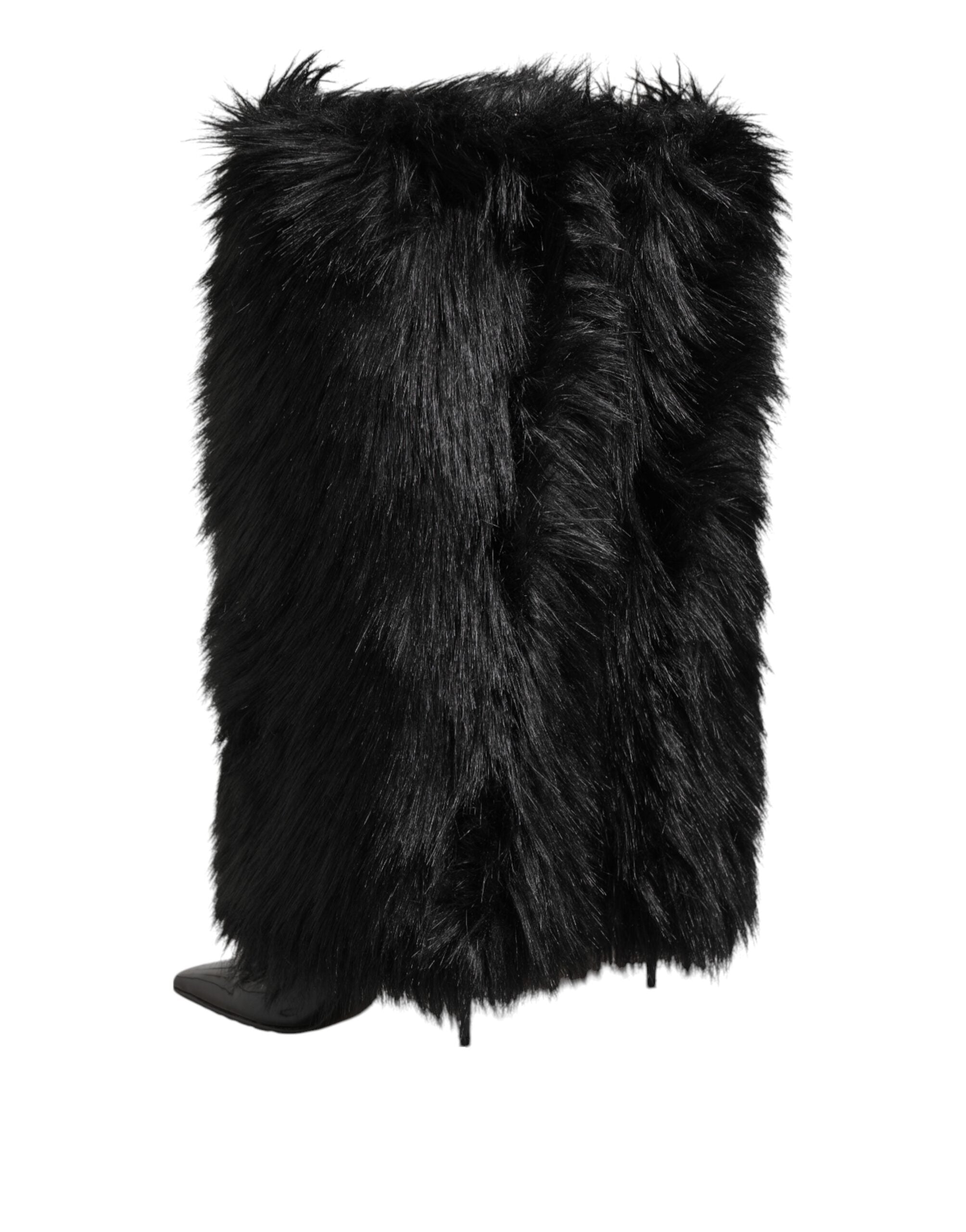 Dolce & Gabbana Schwarze Kunstpelz spitze Knie hohe Stiletto Stiefel Schuhe