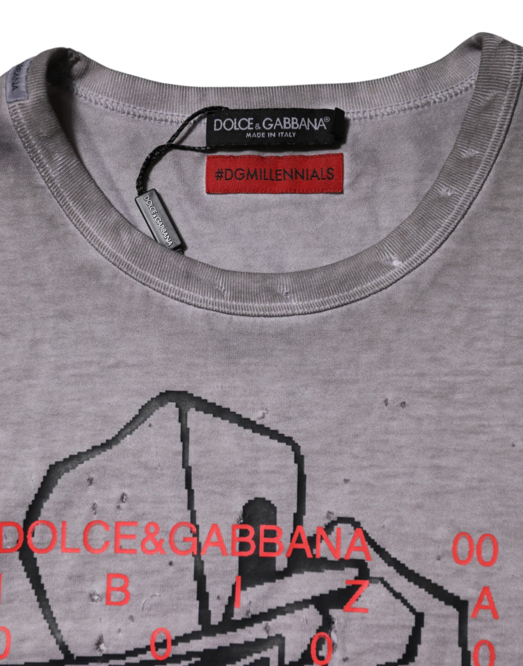 Dolce & Gabbana Graues T-Shirt mit Rundhalsausschnitt aus Baumwolle mit Grafikdruck