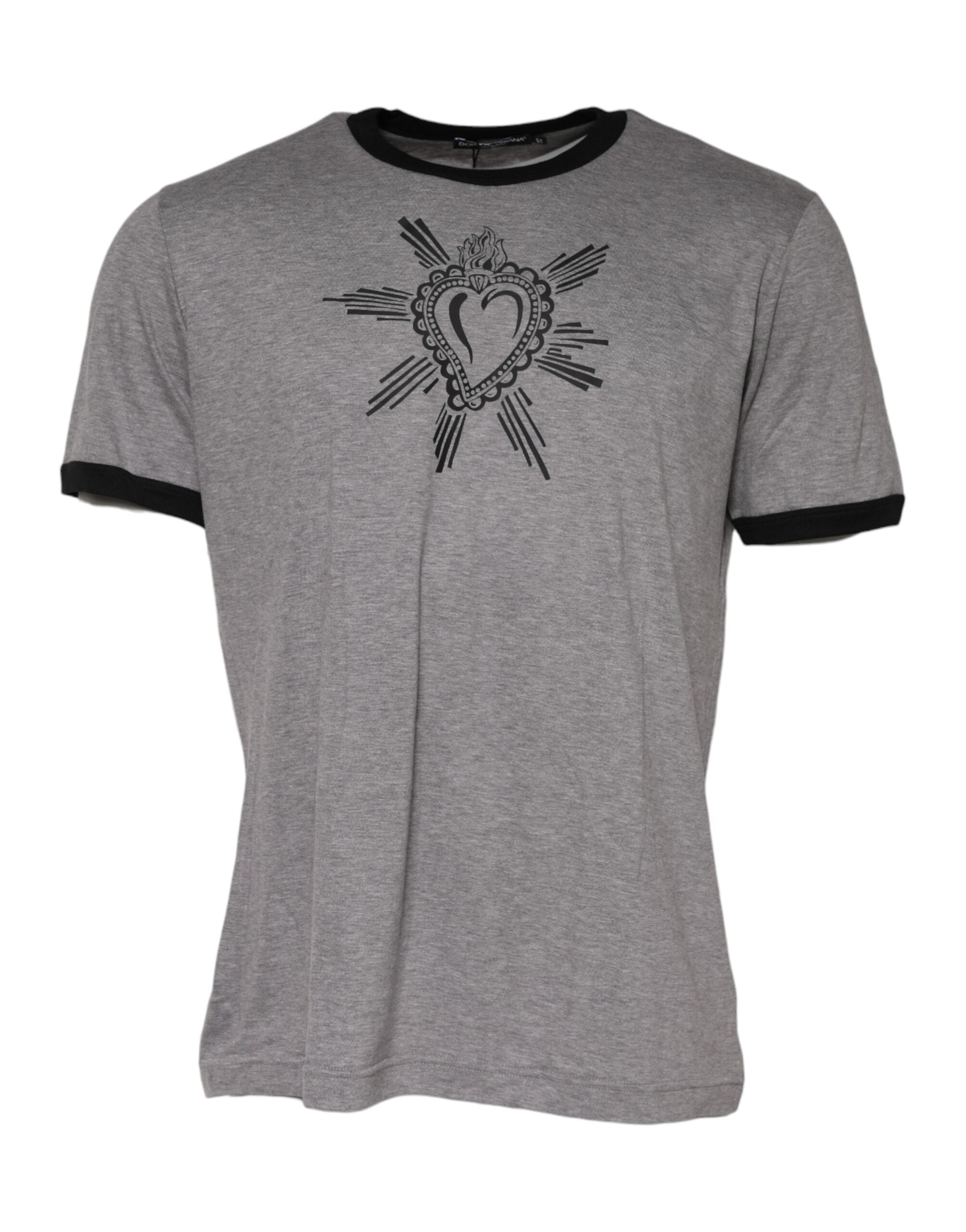 Dolce & Gabbana Graues Sacred Heart Baumwoll-T-Shirt mit Rundhalsausschnitt