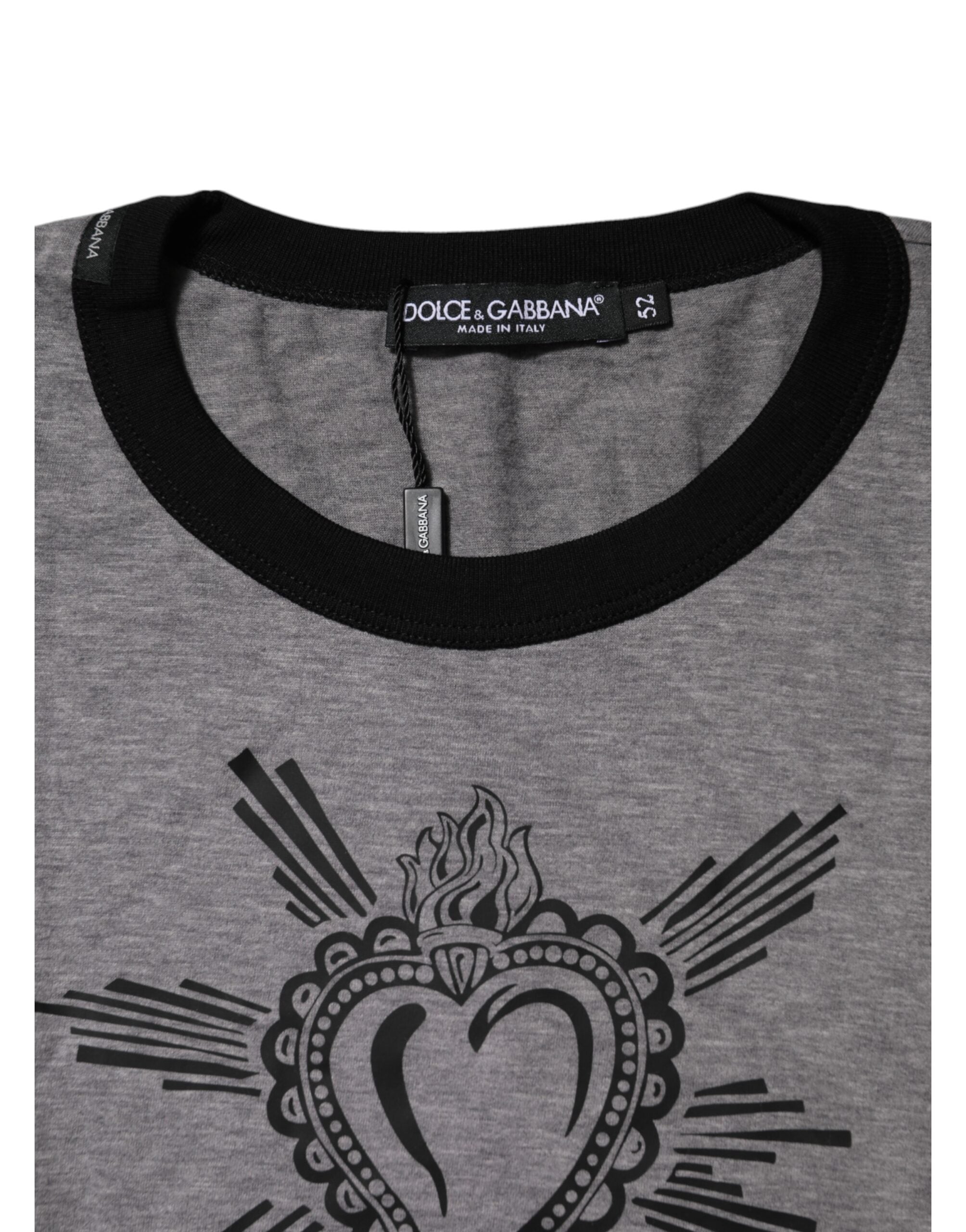 Dolce & Gabbana Graues Sacred Heart Baumwoll-T-Shirt mit Rundhalsausschnitt