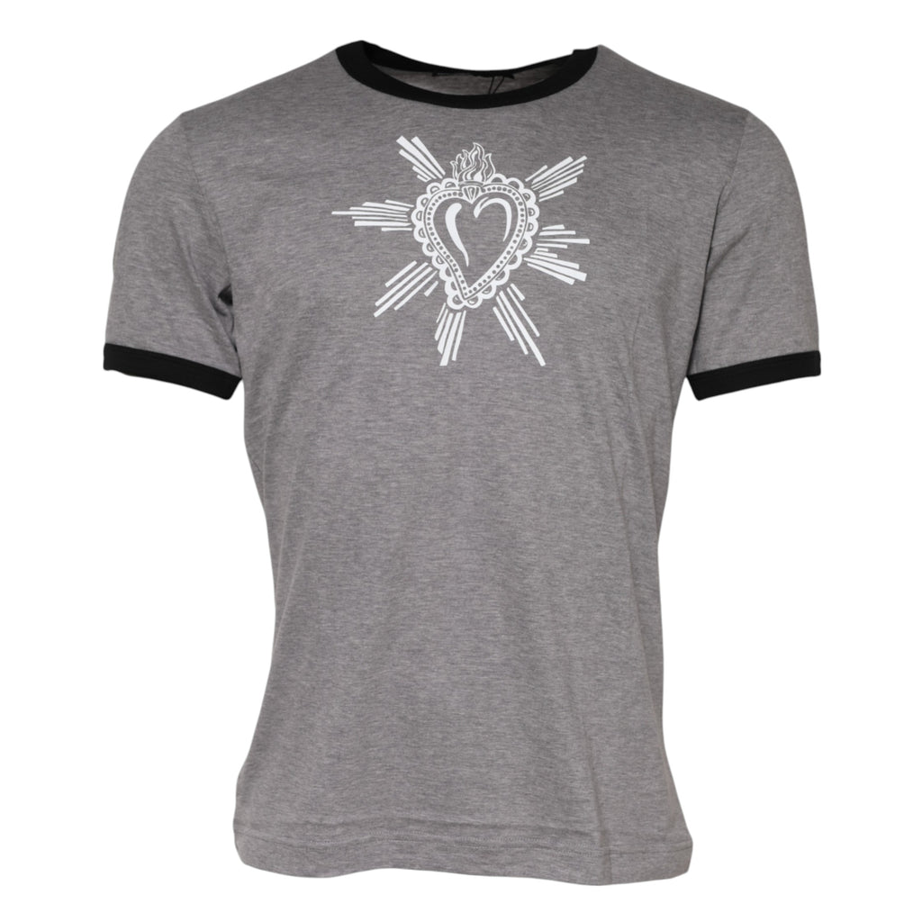 Dolce & Gabbana Graues Sacred Heart Baumwoll-T-Shirt mit Rundhalsausschnitt