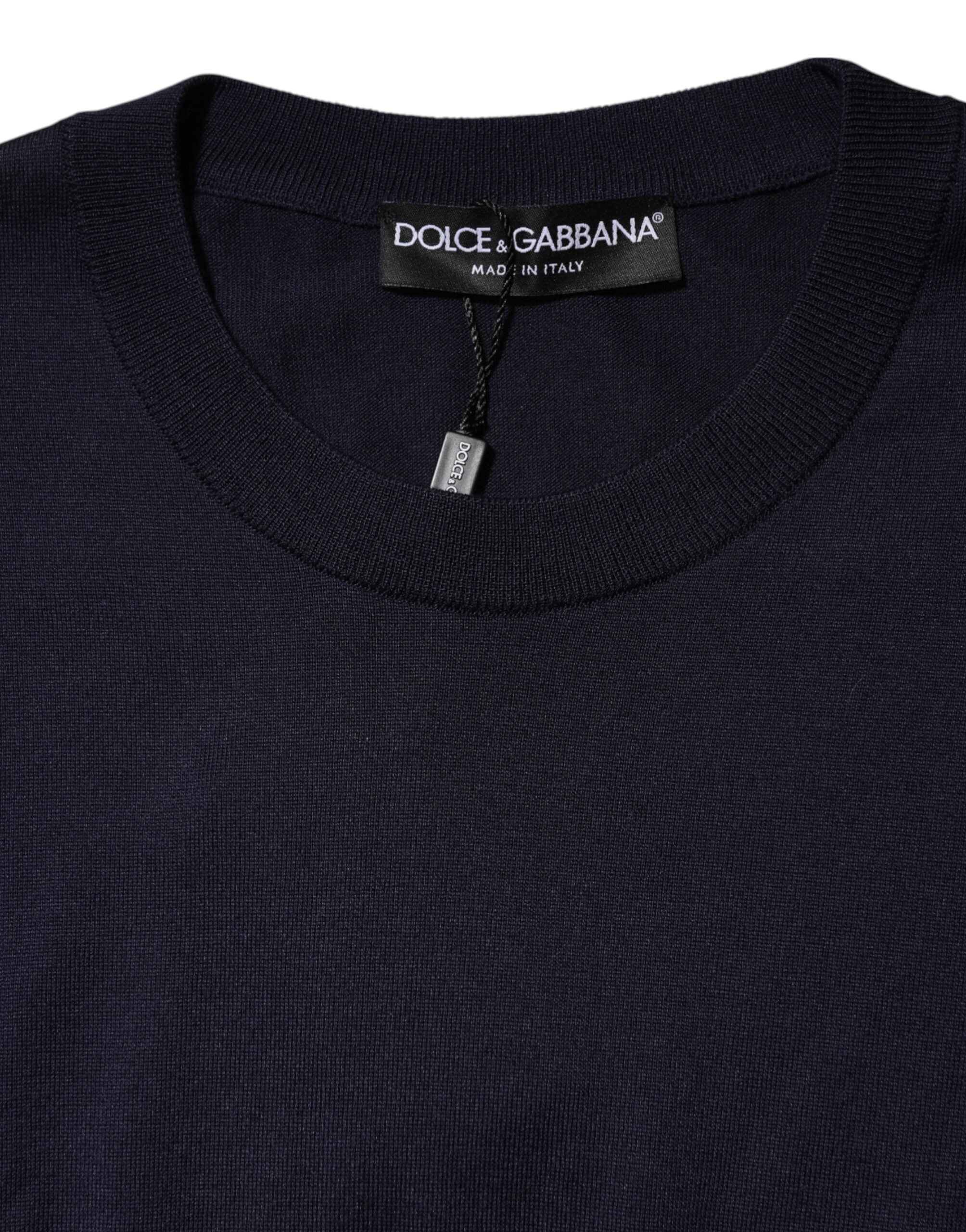 Dolce & Gabbana Dunkelblaues Seiden-T-Shirt mit Rundhalsausschnitt und kurzen Ärmeln