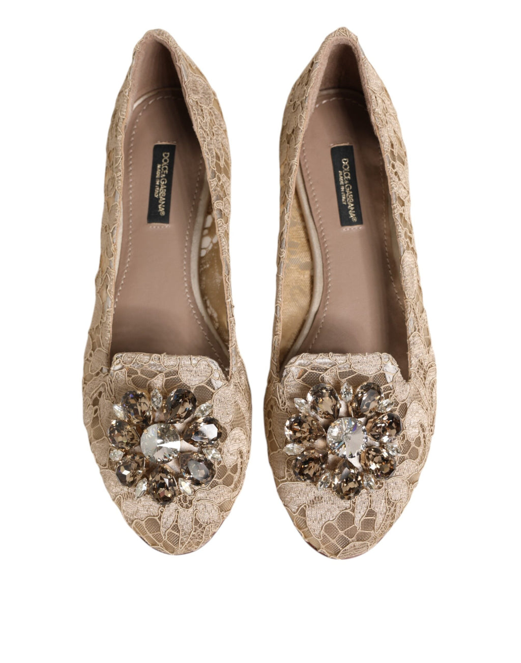 Dolce & Gabbana Elfenbein Taormina Spitze Kristalle Flats Schuhe
