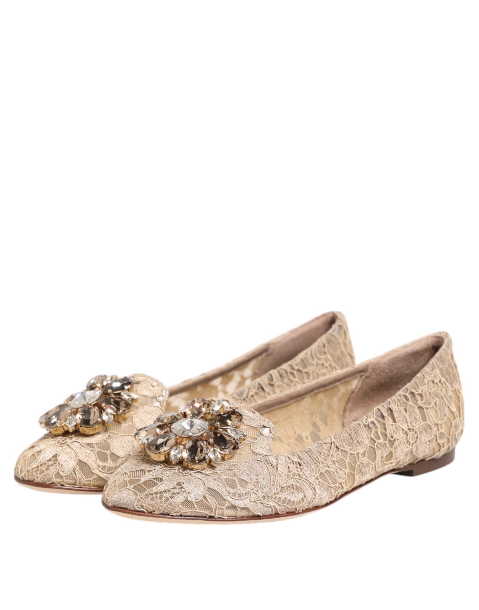 Dolce & Gabbana Elfenbein Taormina Spitze Kristalle Flats Schuhe