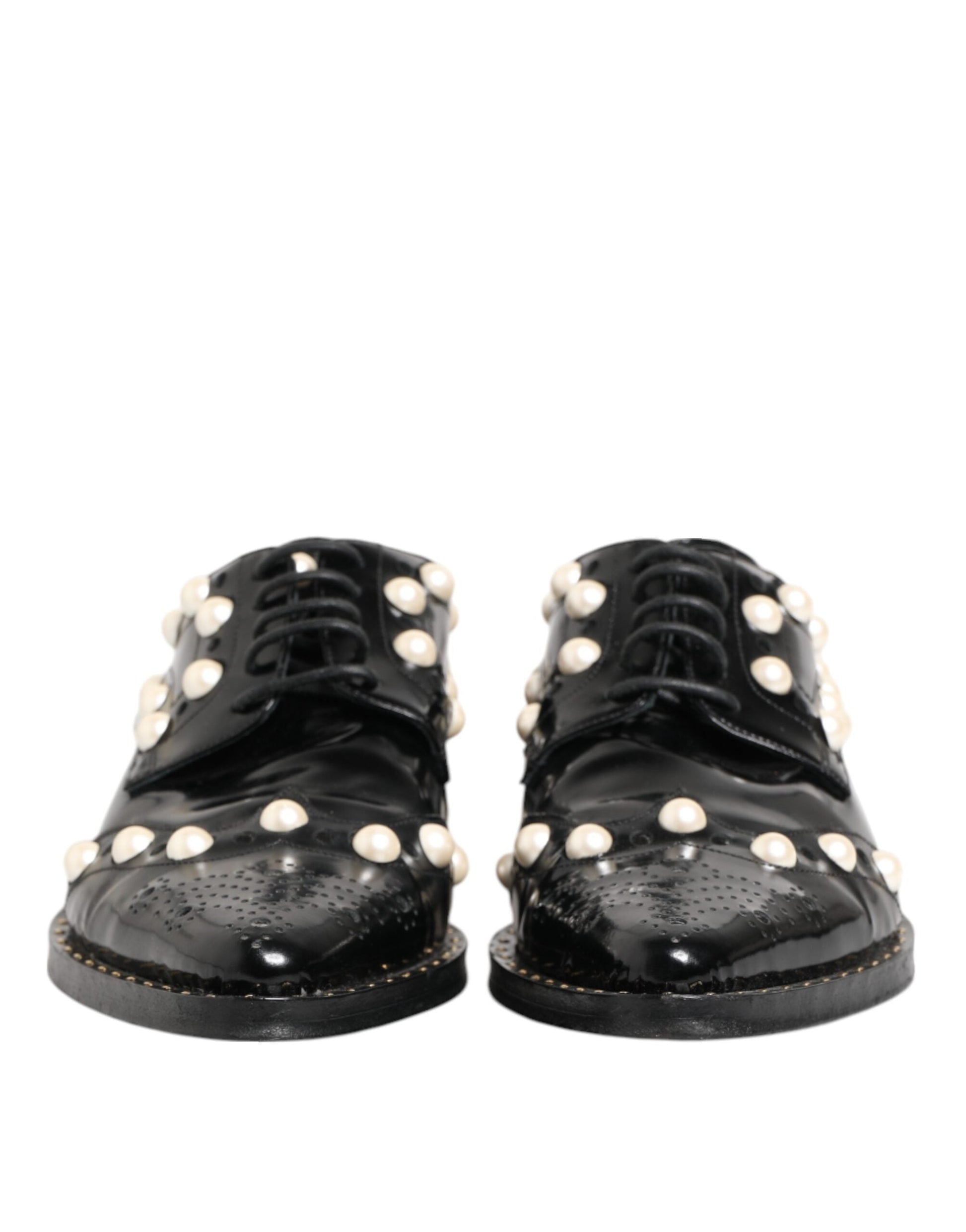 Dolce & Gabbana Schwarzes Leder Faux Pearl Kleid Broque Schuhe