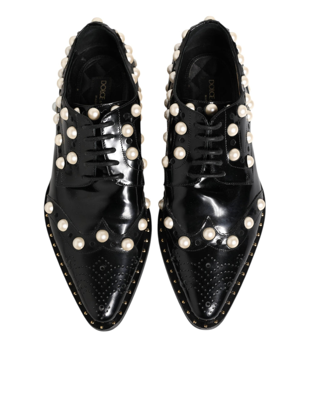 Dolce & Gabbana Schwarzes Leder Faux Pearl Kleid Broque Schuhe