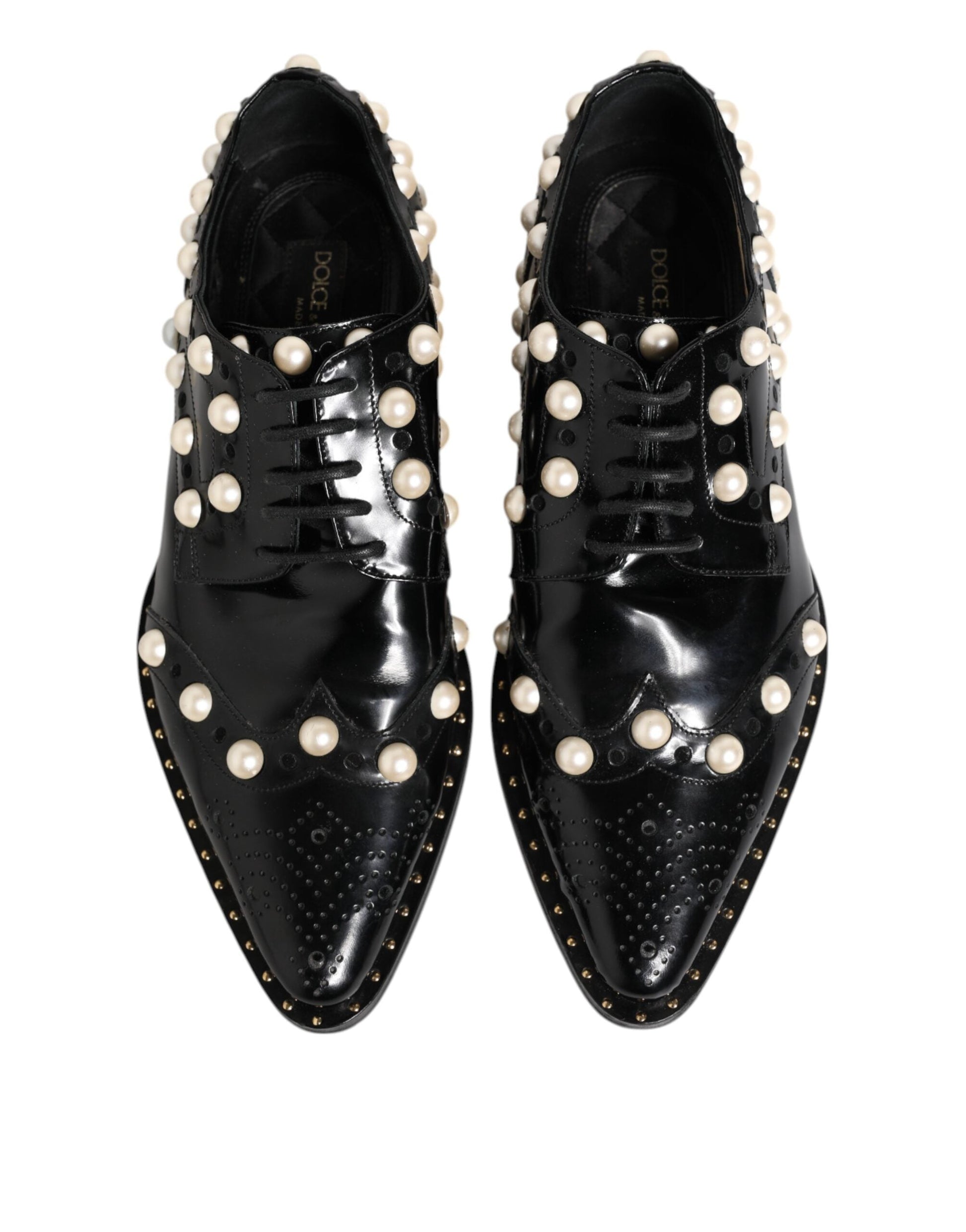 Dolce & Gabbana Schwarzes Leder Faux Pearl Kleid Broque Schuhe