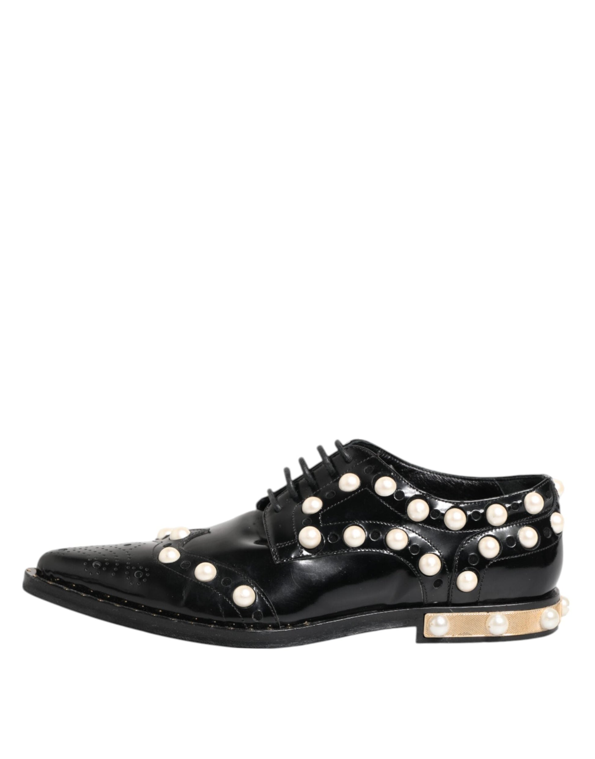 Dolce & Gabbana Schwarzes Leder Faux Pearl Kleid Broque Schuhe