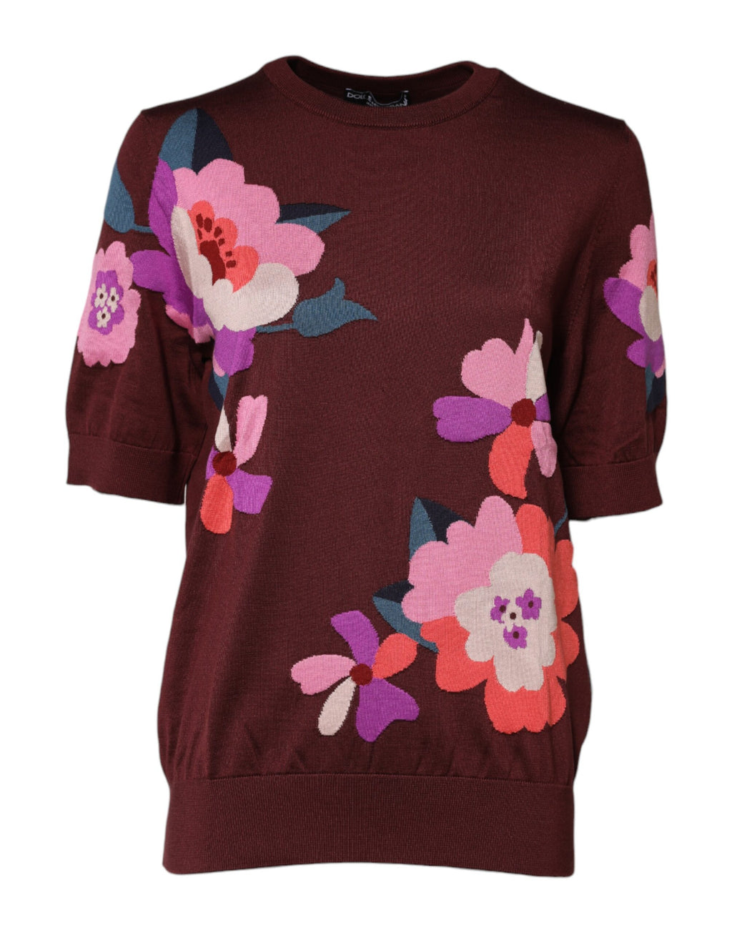 Dolce & Gabbana Maroon Floral Silk Rundhalsausschnitt Bluse Top