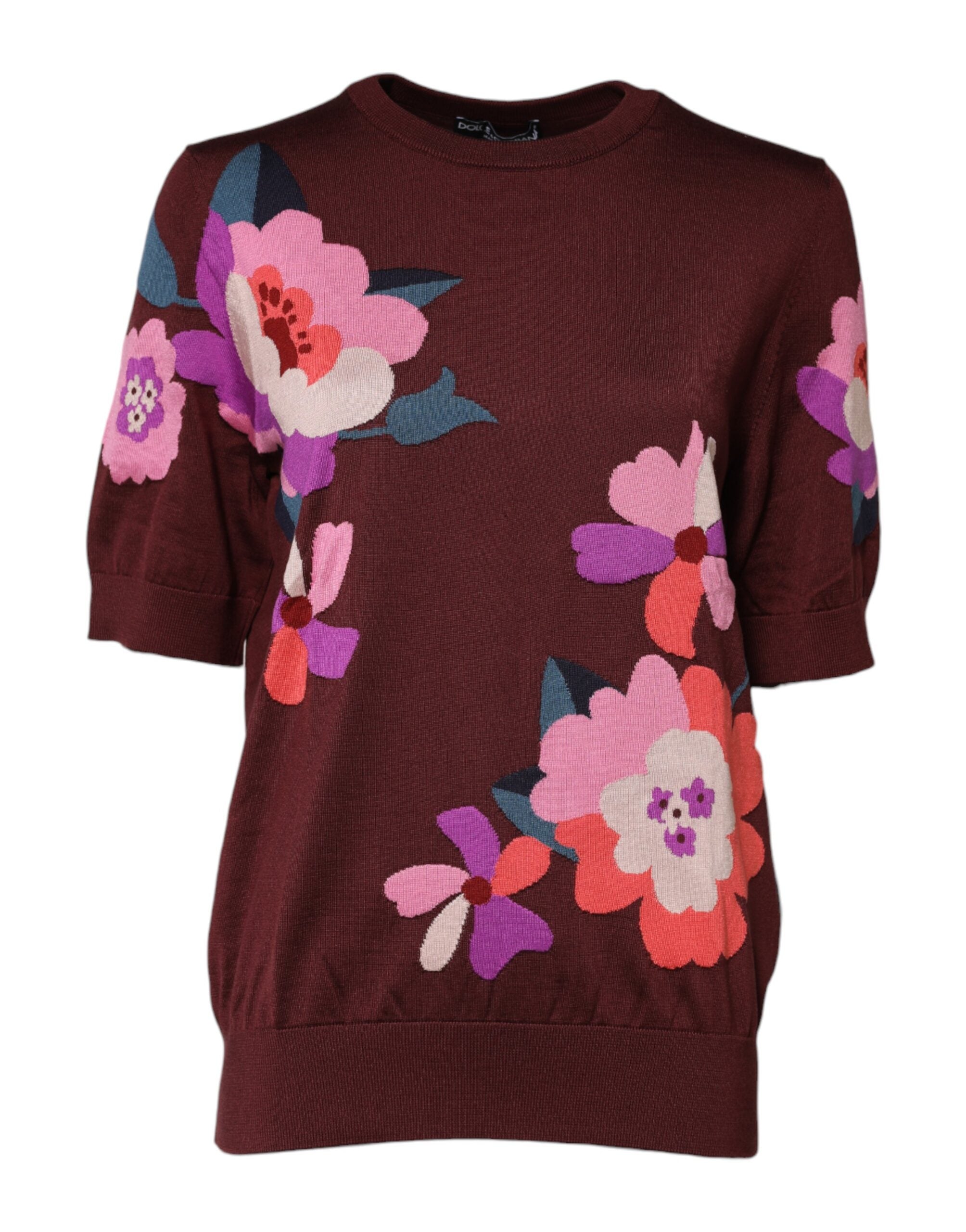 Dolce & Gabbana Maroon Floral Silk Rundhalsausschnitt Bluse Top