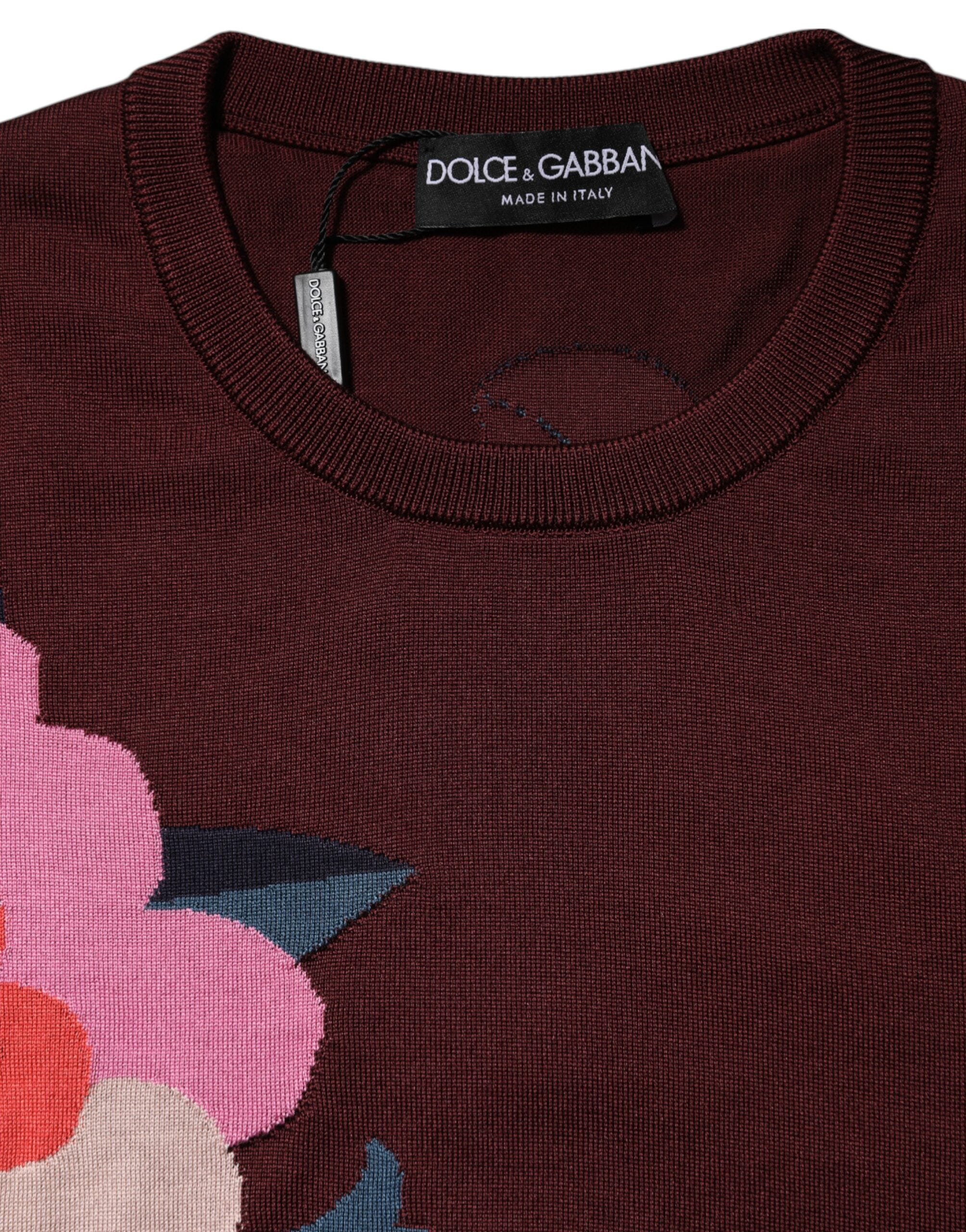 Dolce & Gabbana Maroon Floral Silk Rundhalsausschnitt Bluse Top