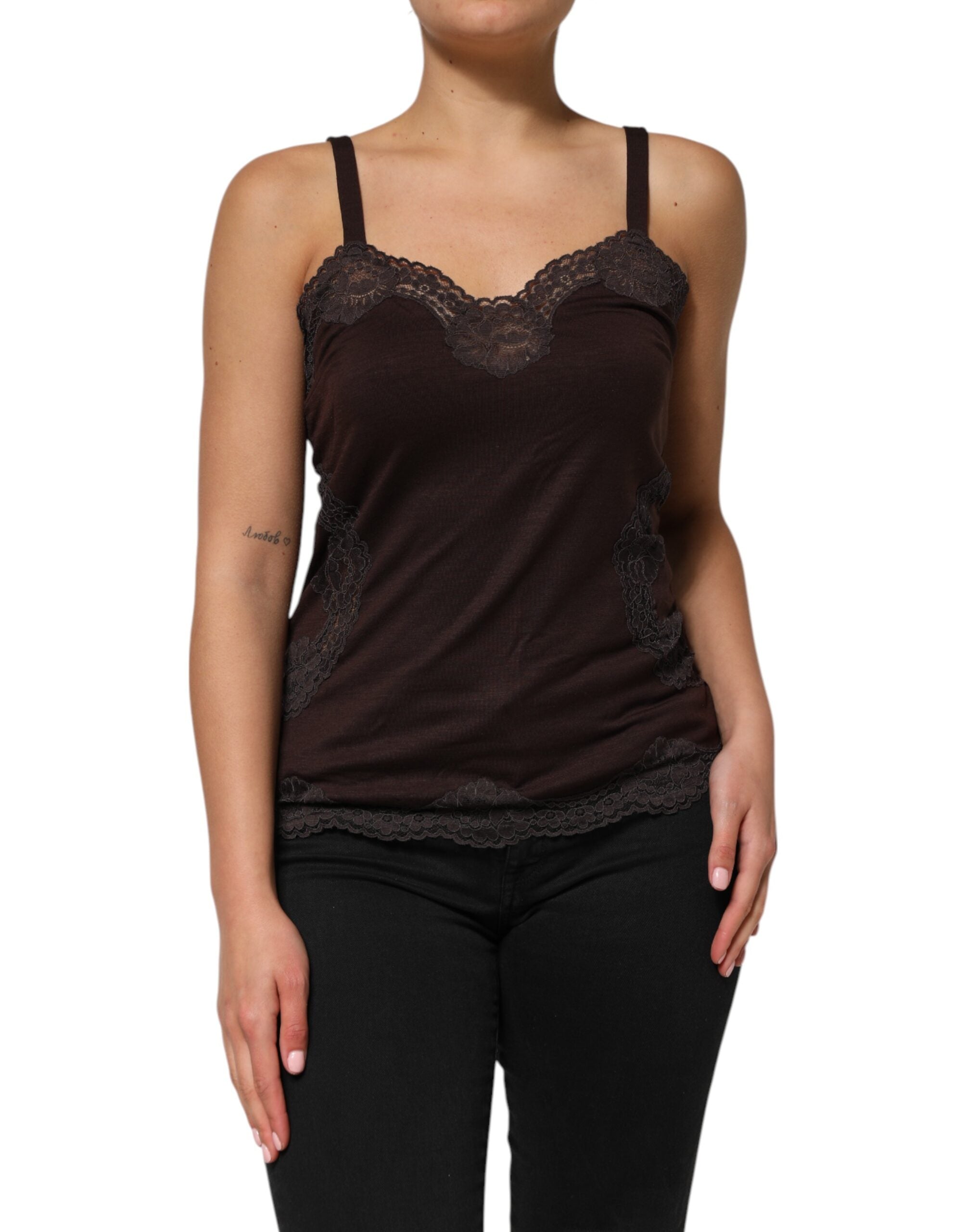 Dolce & Gabbana Dunkelbraunes ärmelloses Tanktop mit Spitzenbesatz aus Wolle