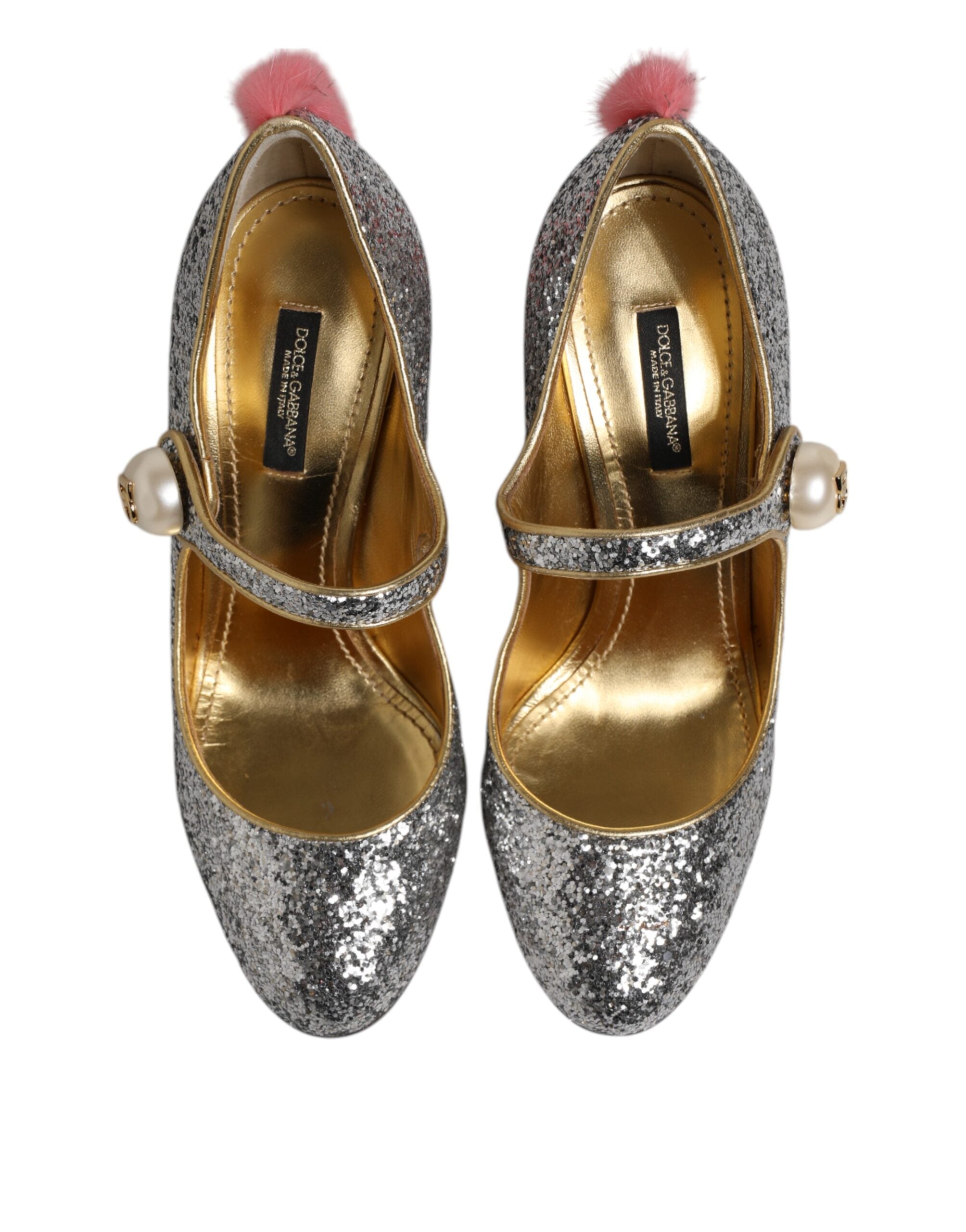 Dolce & Gabbana Silber Glitzer Nerz Pelz VALLY Pumps Schuhe