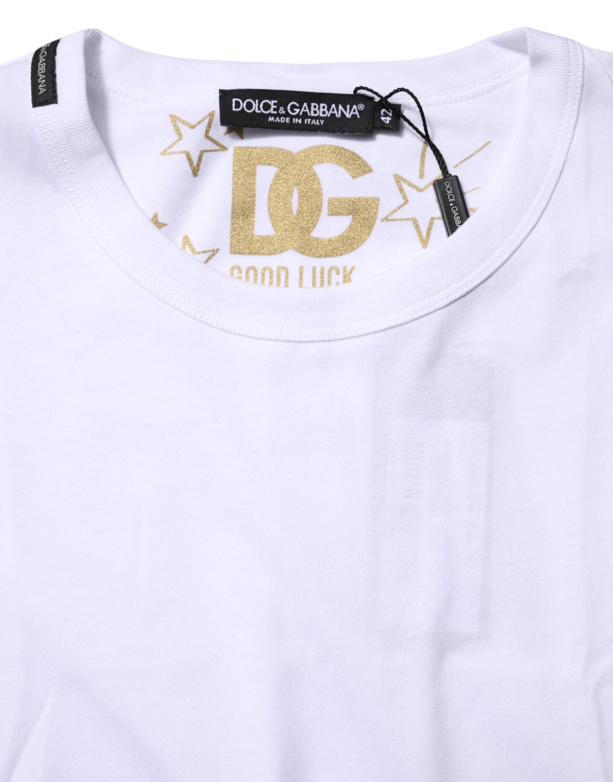 Dolce & Gabbana Weißes T-Shirt mit Rundhalsausschnitt aus Baumwolle Goodluck 2022