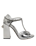 Dolce & Gabbana Silver Leather T-strap Heels Sandals Shoes