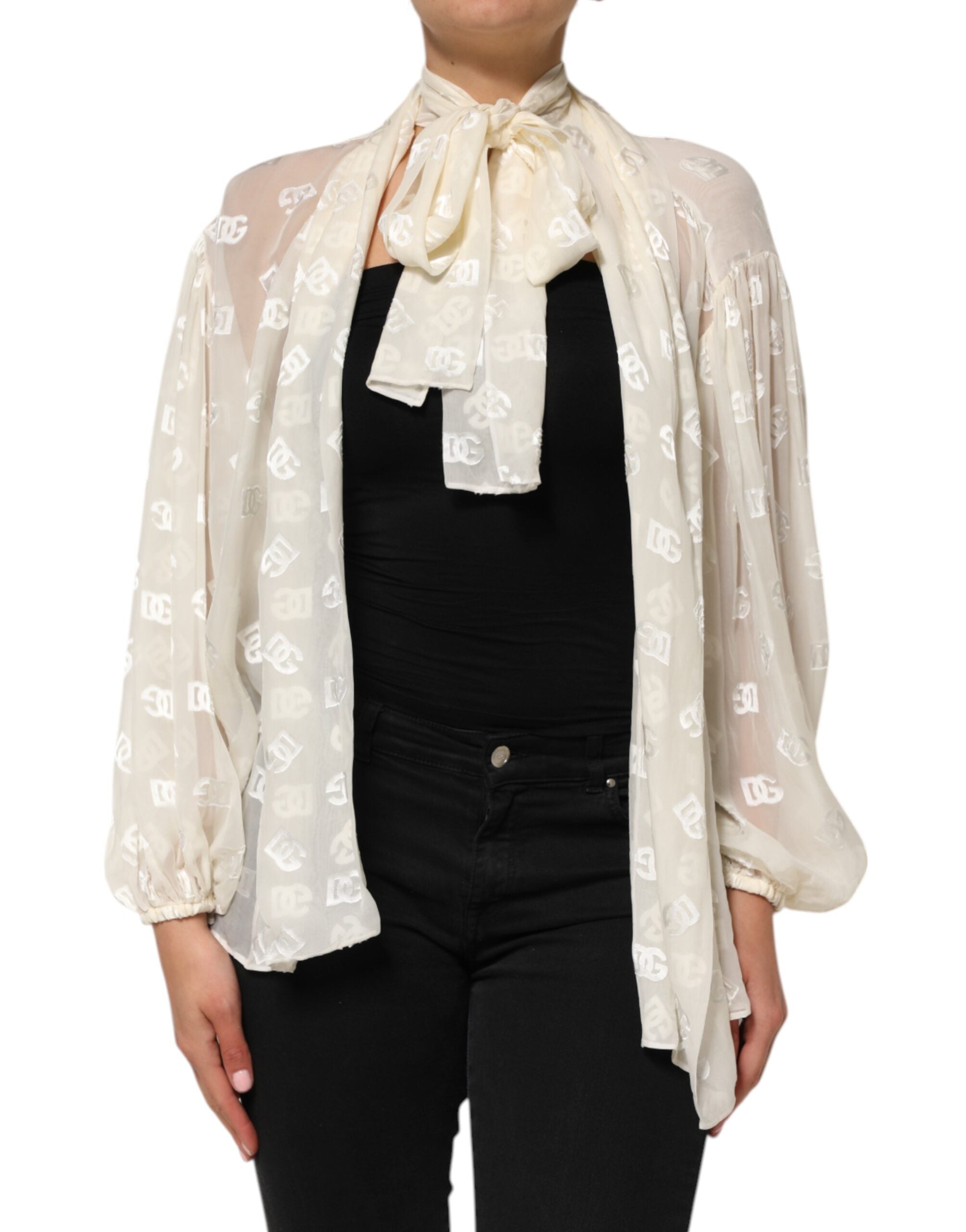 Dolce & Gabbana Weißes Logo-Monogramm-Oberteil mit Ascot-Kragen