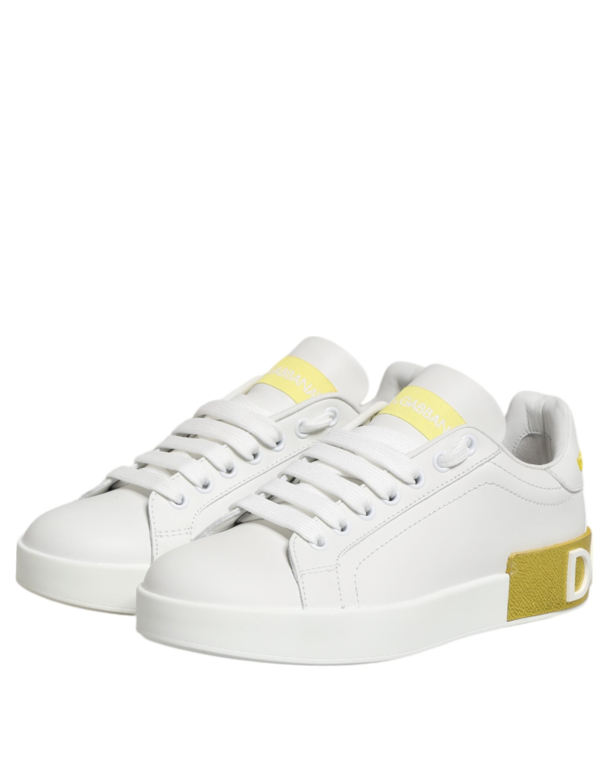 Dolce & Gabbana Weiß Gelb Leder Low Top Turnschuhe Schuhe