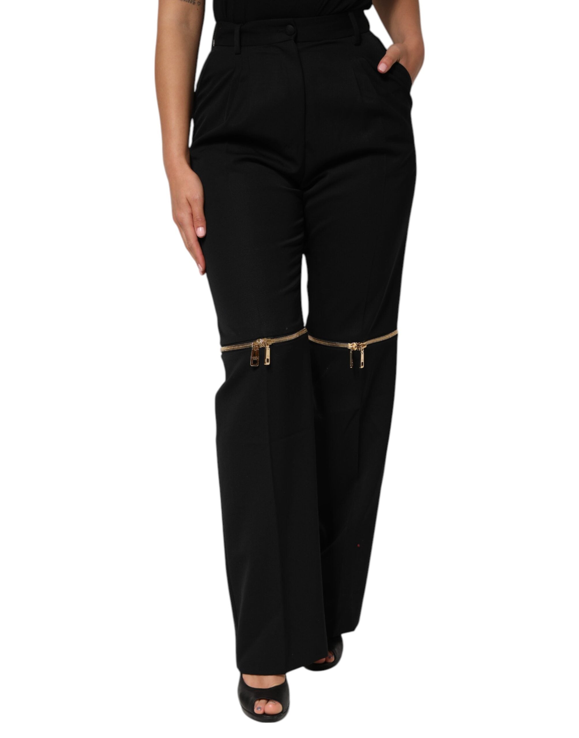 Dolce & Gabbana Schwarze Straight Leg Hose aus Wolle mit Reißverschluss