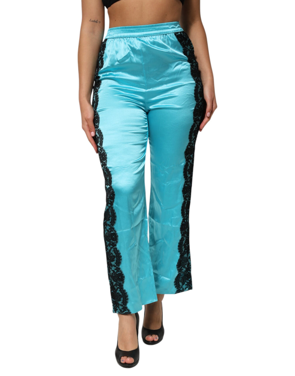 Dolce & Gabbana Blaue Seide Garterized Straight Damen Pyjamahose