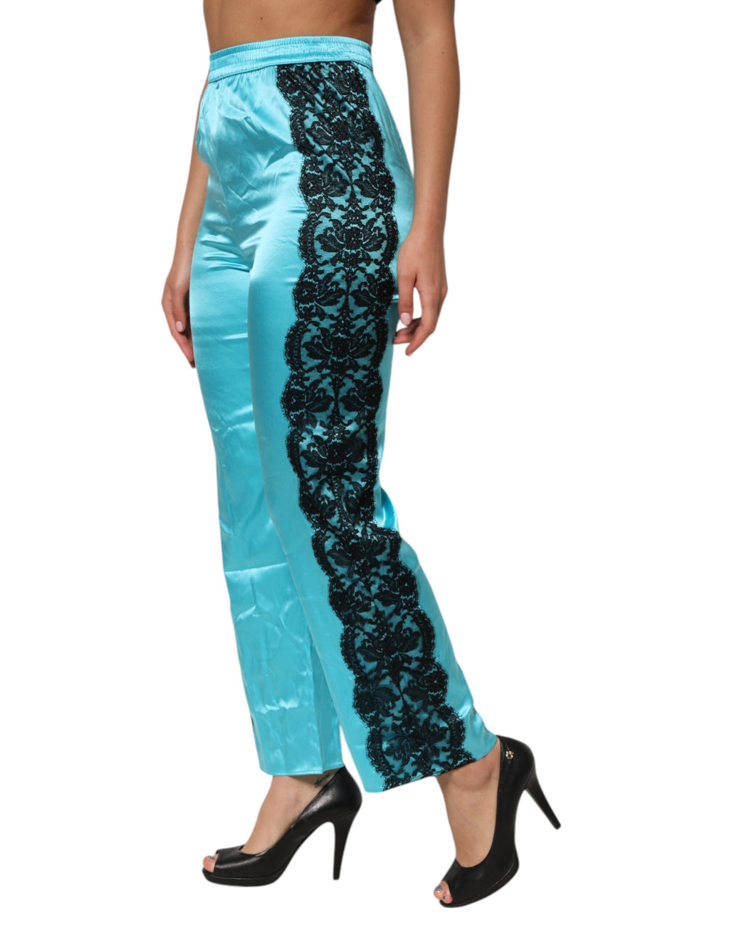 Dolce & Gabbana Blaue Seide Garterized Straight Damen Pyjamahose