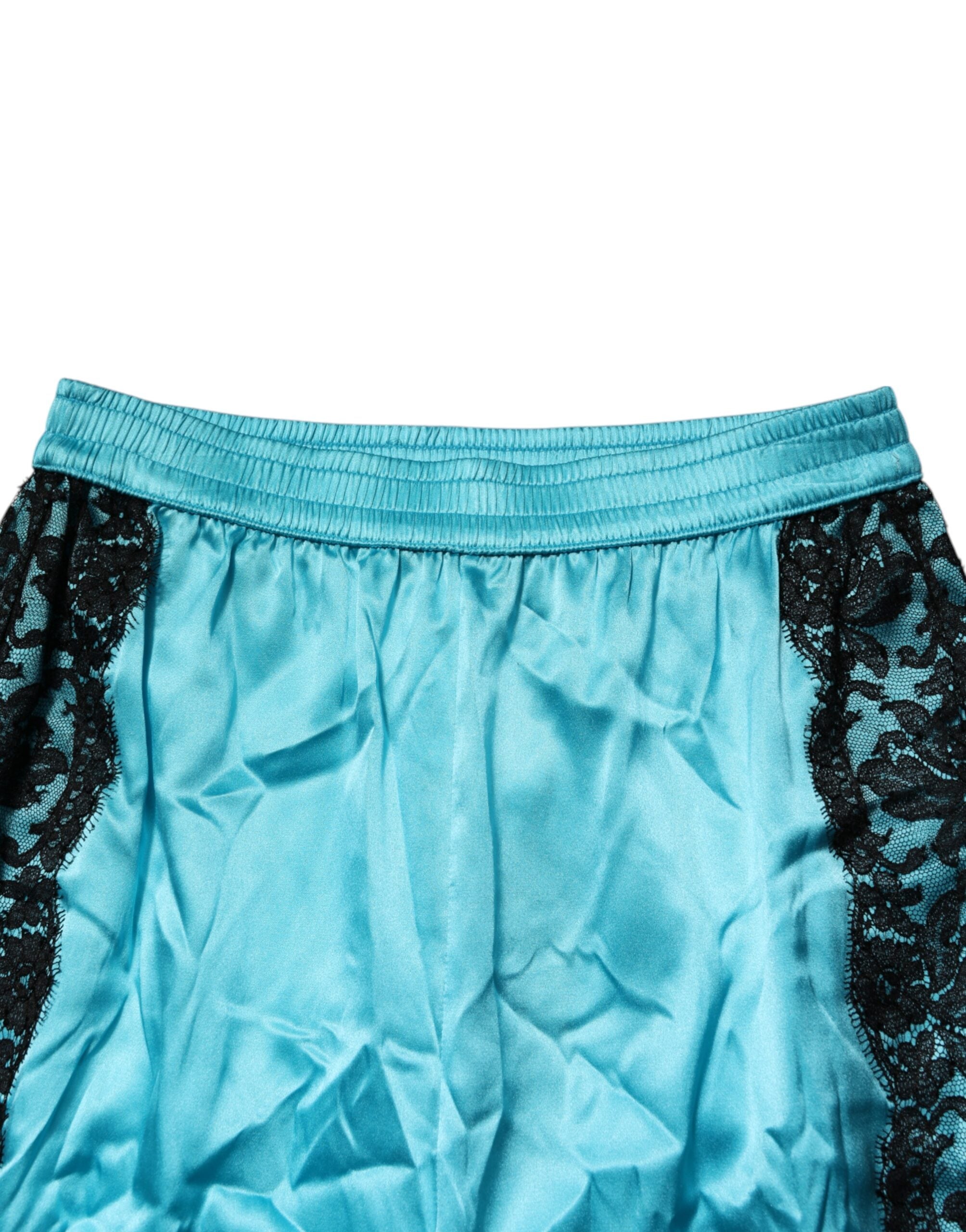 Dolce & Gabbana Blaue Seide Garterized Straight Damen Pyjamahose