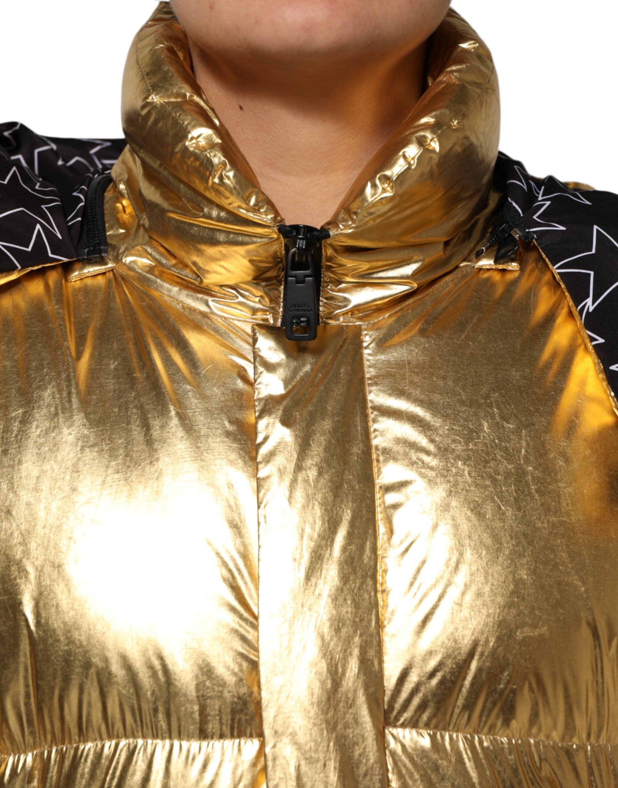 Dolce & Gabbana Gold Kapuzenpuffer Steppjacke mit durchgehendem Reißverschluss