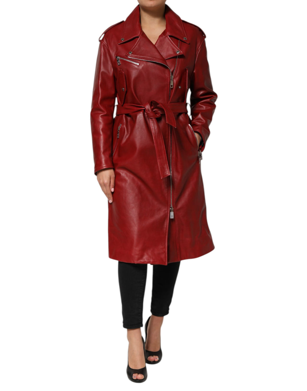 Dolce & Gabbana Roter Ledermantel mit Gürtel und durchgehendem Reißverschluss Trenchcoat Jacke