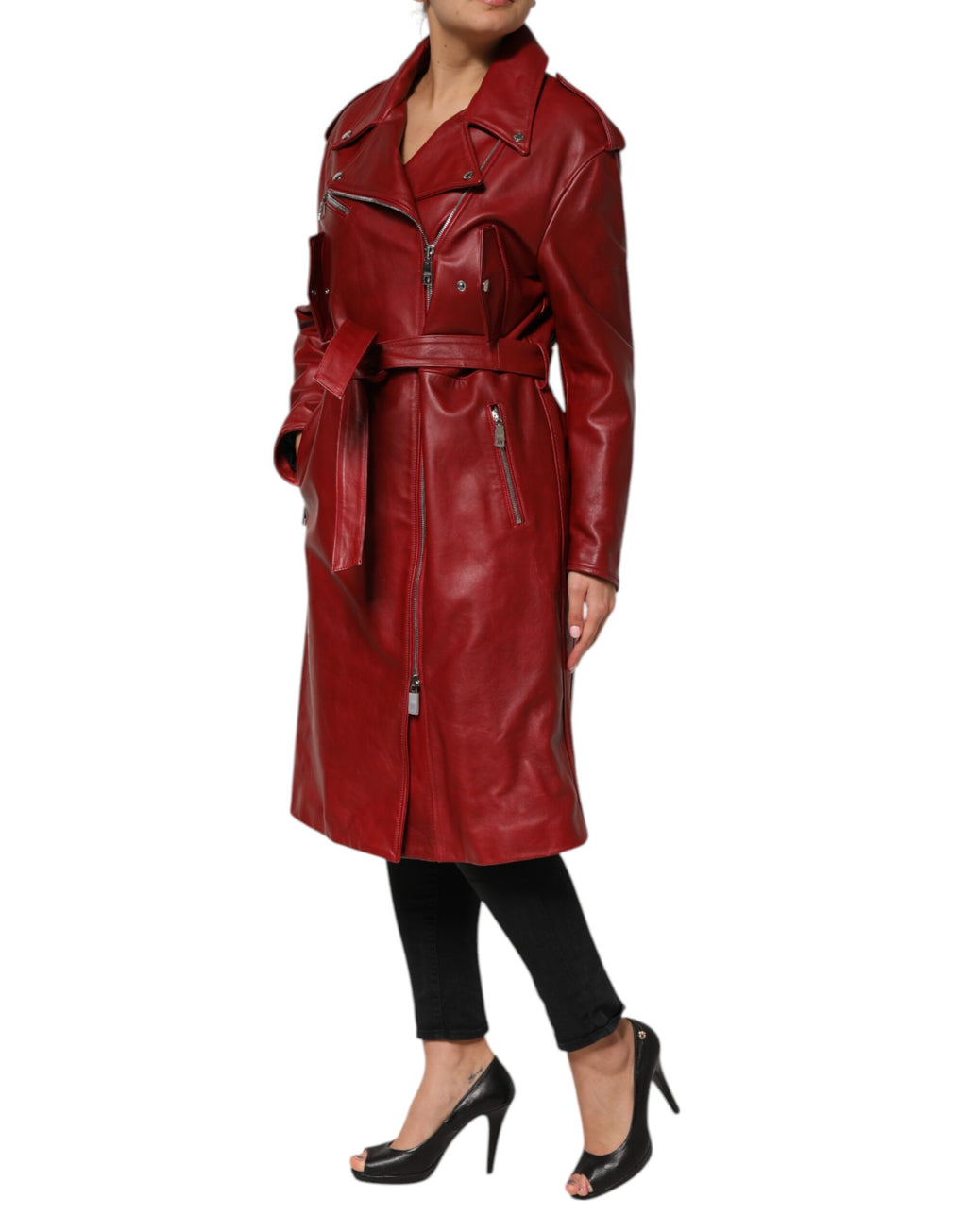 Dolce & Gabbana Roter Ledermantel mit Gürtel und durchgehendem Reißverschluss Trenchcoat Jacke
