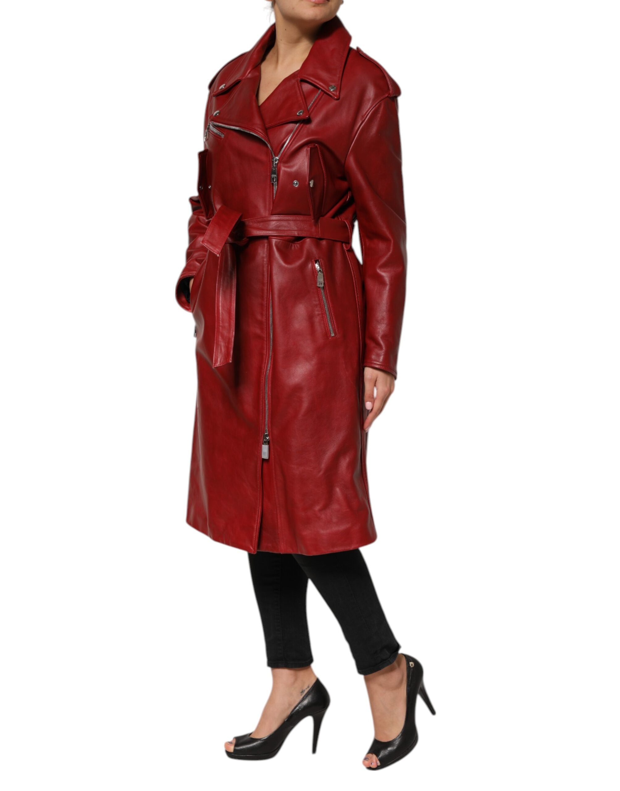 Dolce & Gabbana Roter Ledermantel mit Gürtel und durchgehendem Reißverschluss Trenchcoat Jacke