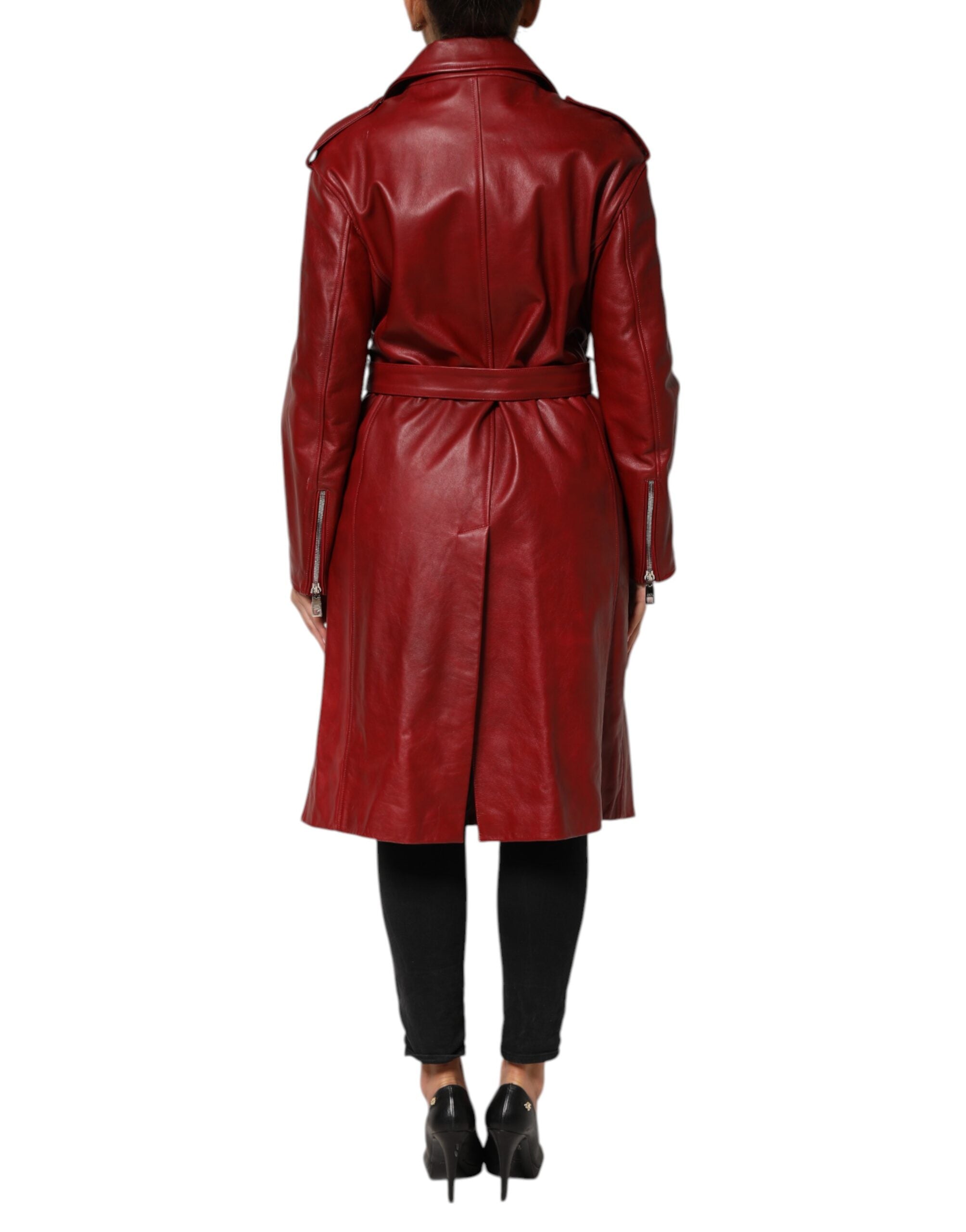 Dolce & Gabbana Roter Ledermantel mit Gürtel und durchgehendem Reißverschluss Trenchcoat Jacke