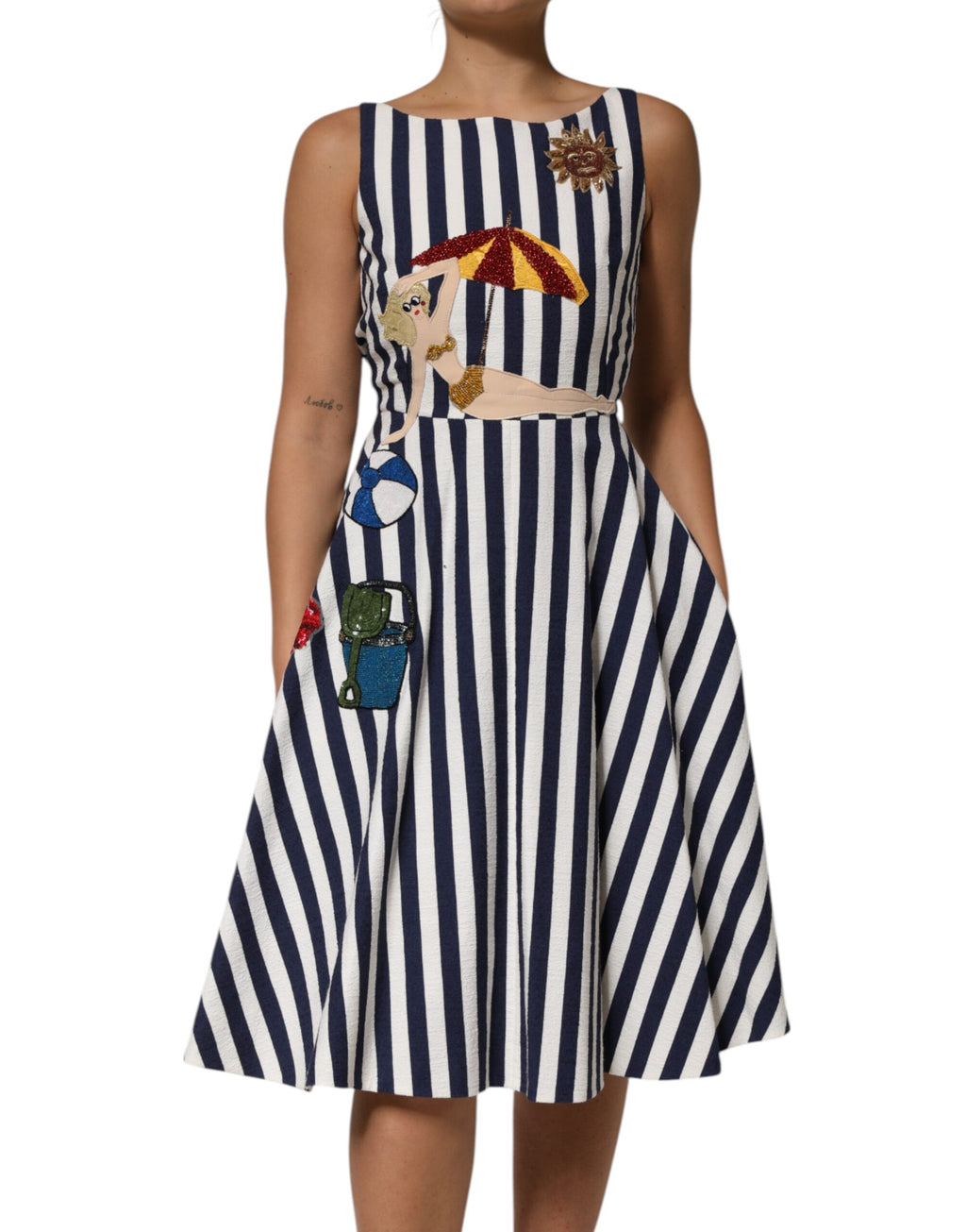 Dolce & Gabbana Blauw Wit Gestreepte Geborduurde A-lijn Jurk