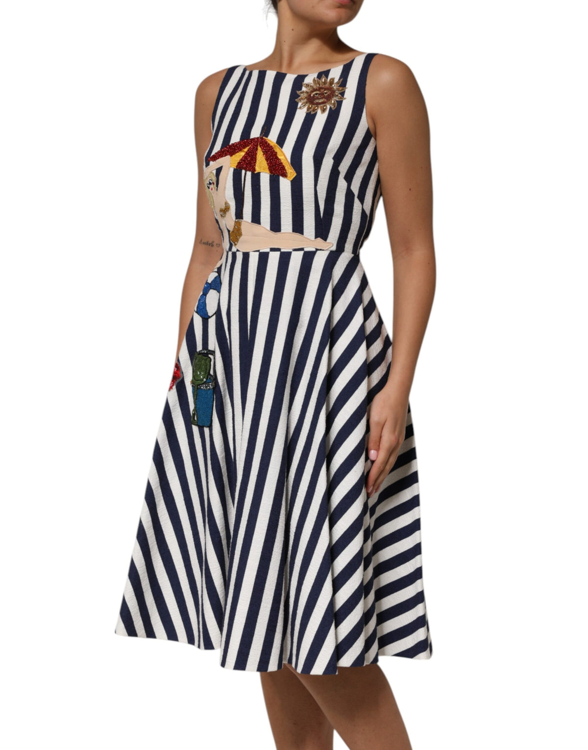 Dolce & Gabbana Blauw Wit Gestreepte Geborduurde A-lijn Jurk