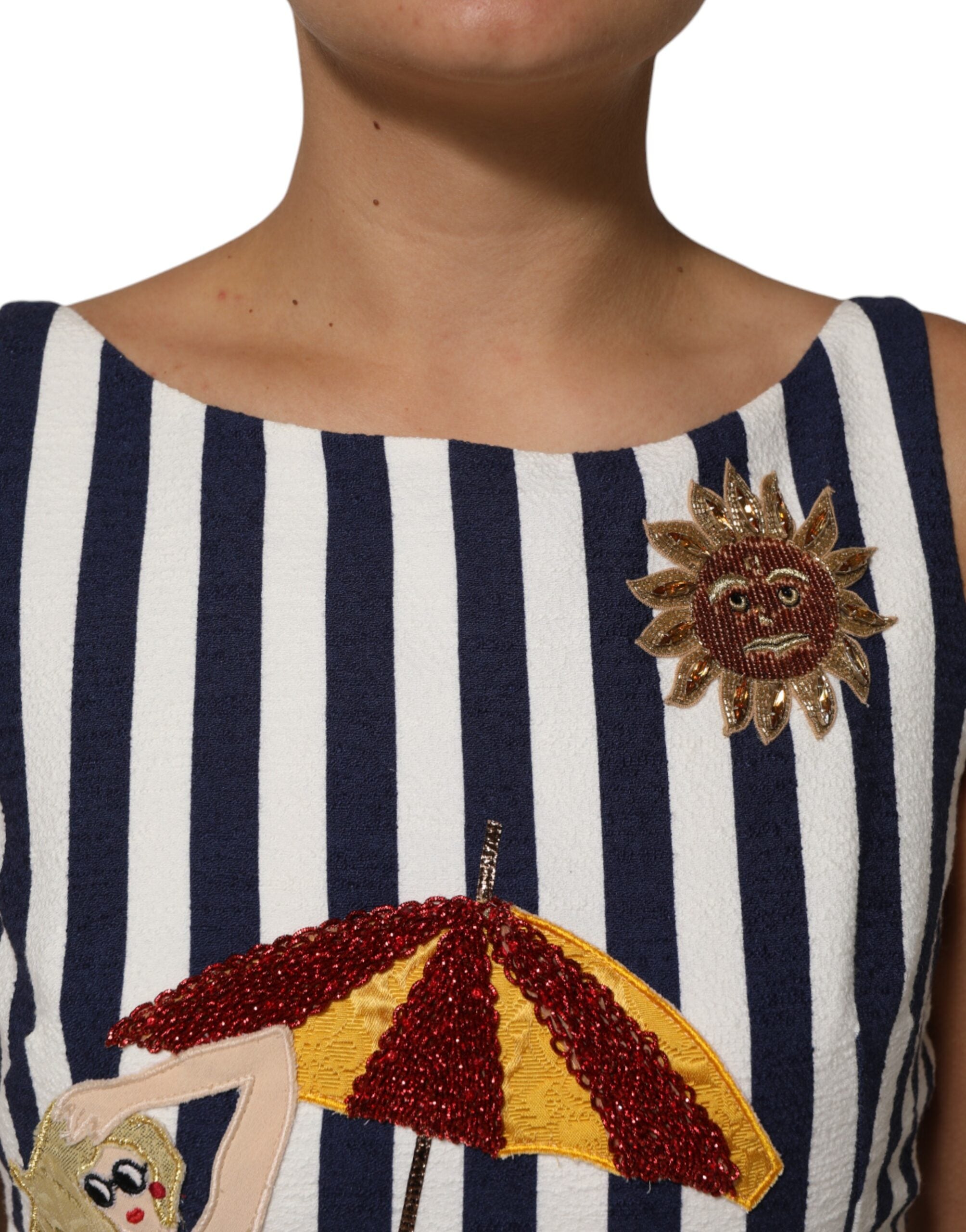 Dolce & Gabbana Blau-weiß gestreiftes, besticktes Kleid in A-Linie