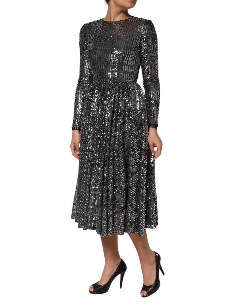 Dolce & Gabbana Schwarzes paillettenbesetztes Midi-Kleid mit langen Ärmeln und A-Linie