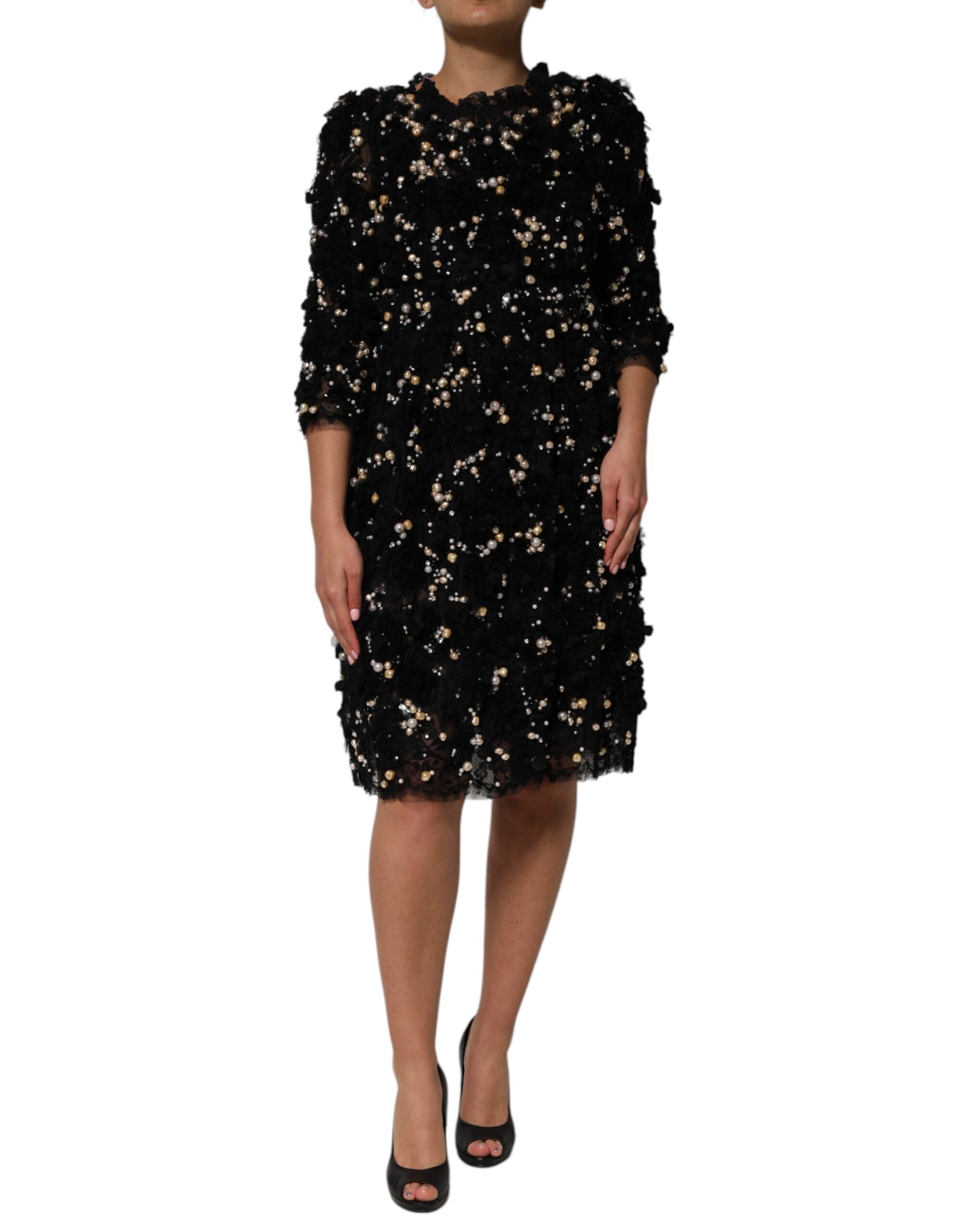 Dolce & Gabbana Schwarzes Viskose-Shiftkleid mit Perlenverzierung