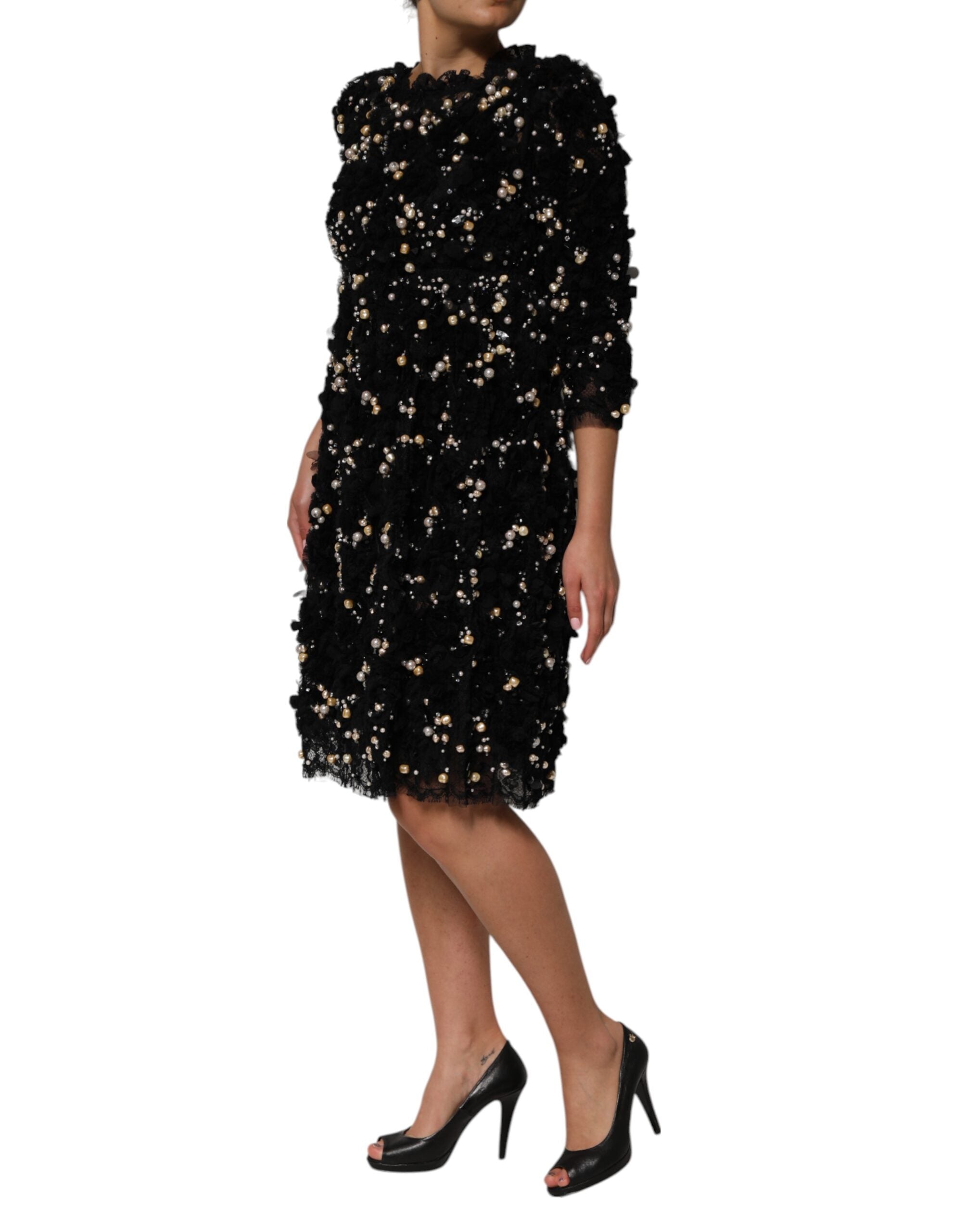 Dolce & Gabbana Schwarzes Viskose-Shiftkleid mit Perlenverzierung