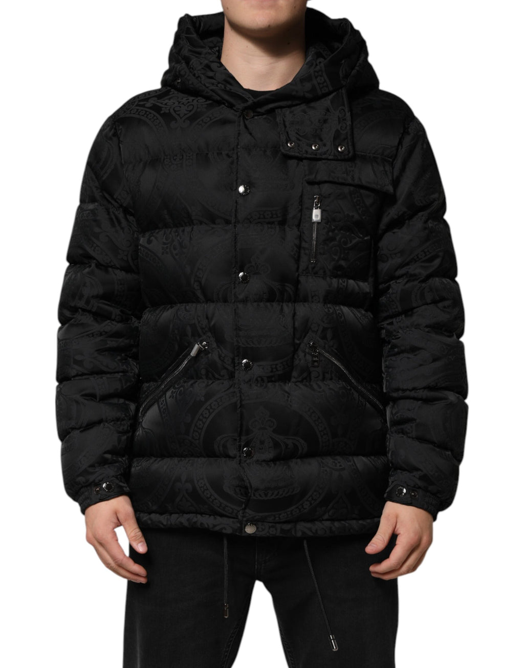 Dolce & Gabbana Schwarze Jacquard-Kapuzenjacke mit Steppmuster