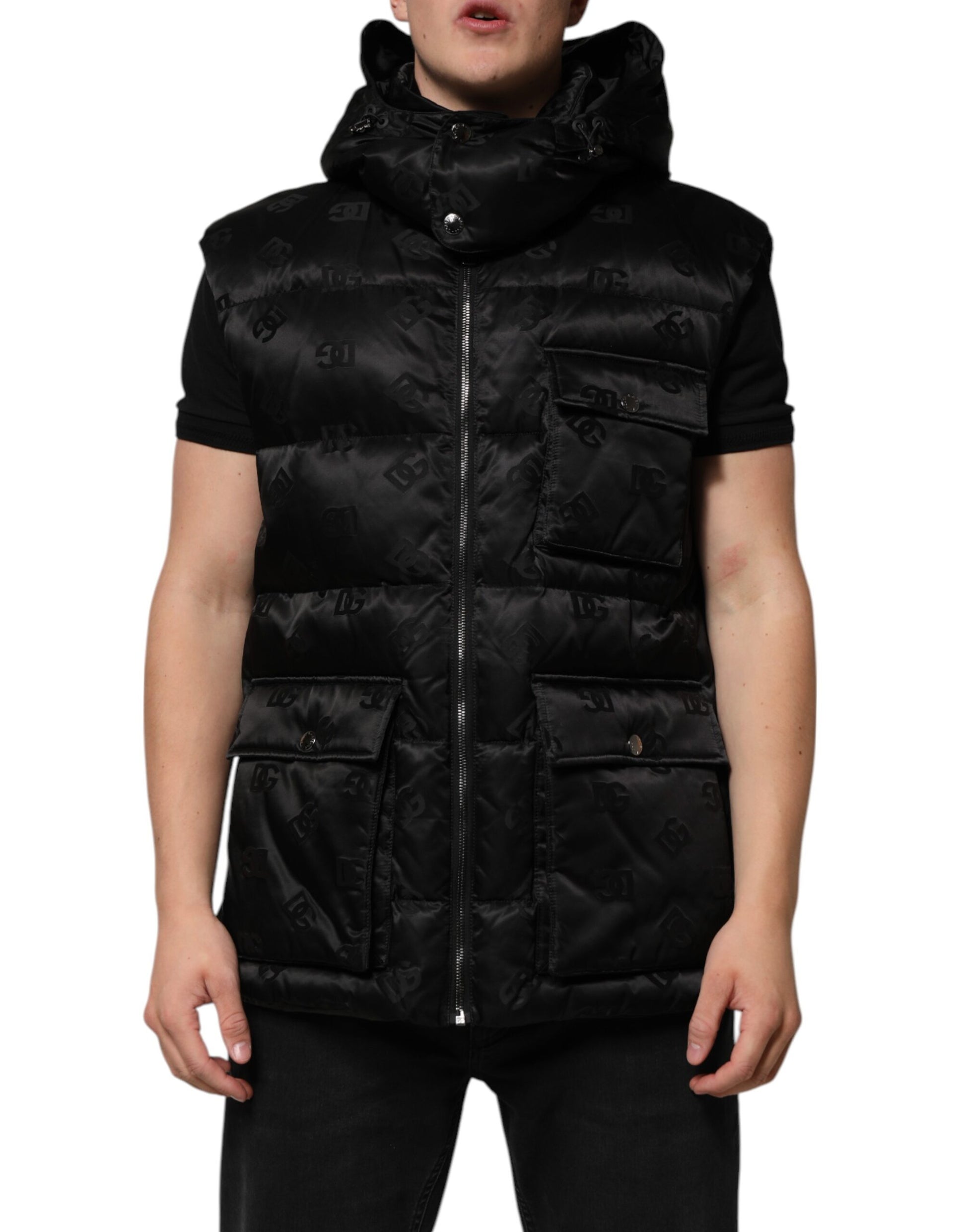Dolce & Gabbana Schwarze gesteppte ärmellose Kapuzenweste Jacke