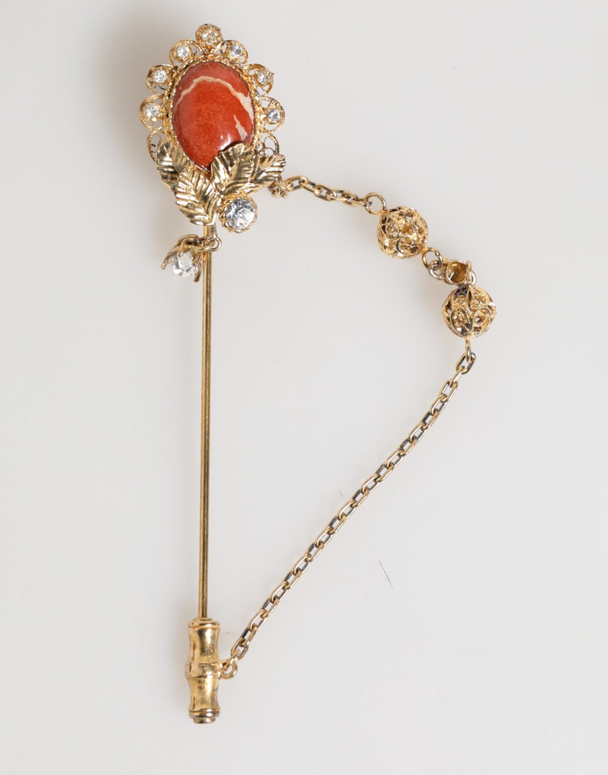 Dolce & Gabbana Gold Messing Kristall Kette 925 Sterling Silber Pin Brosche