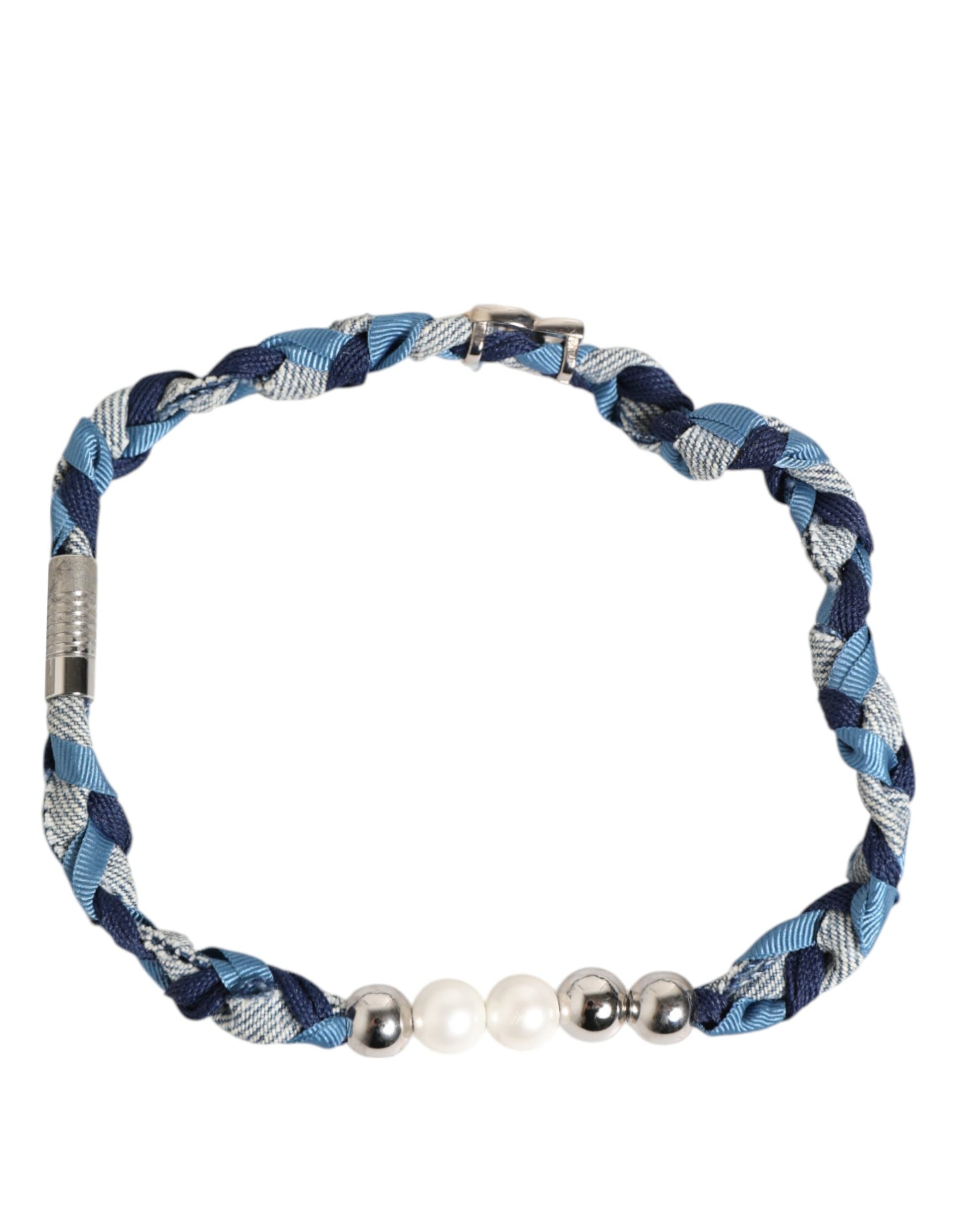 Dolce & Gabbana Blau Weiß Geflochtenes Silber Metall Logo Perlen Armband für Männer