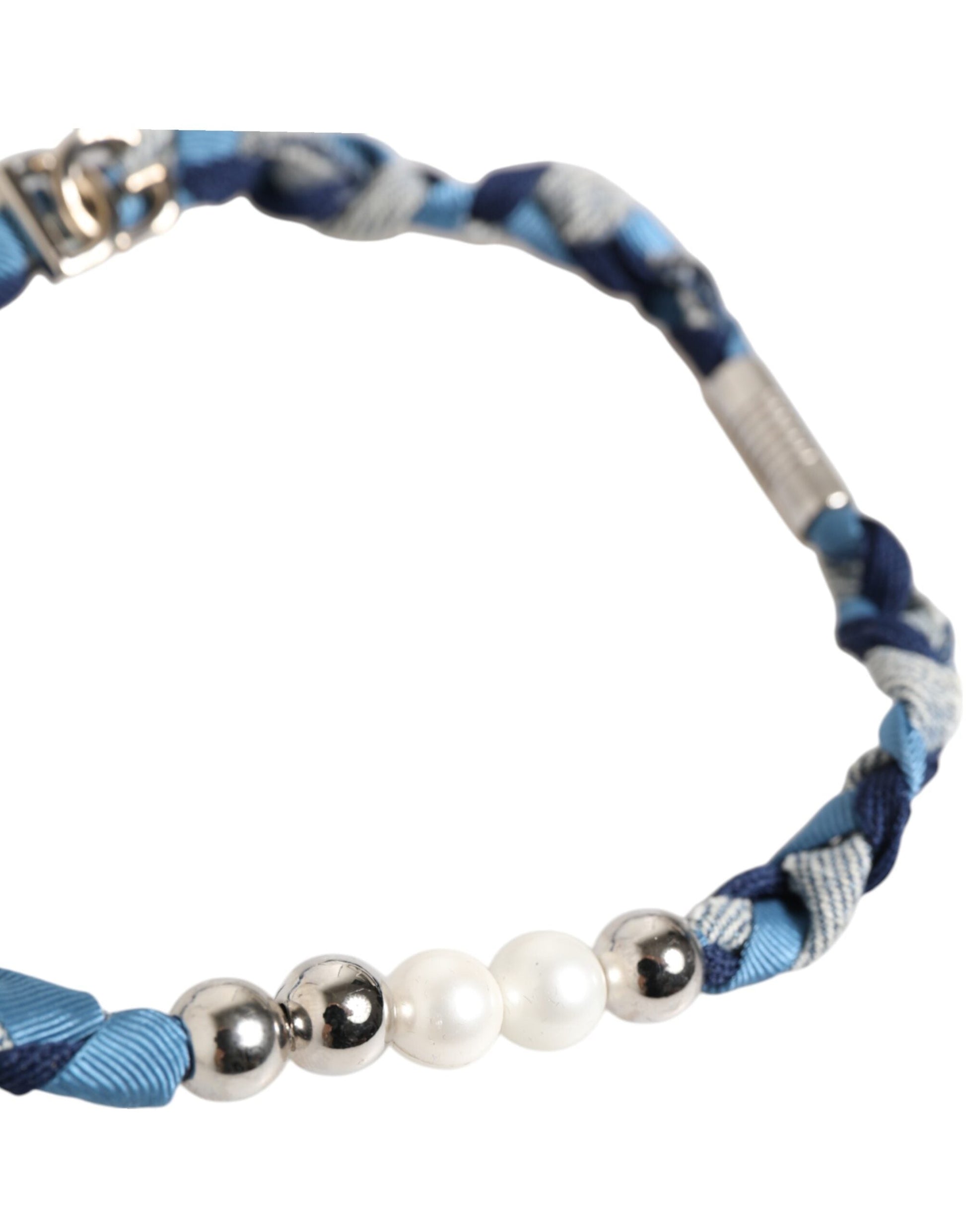 Dolce & Gabbana Blau Weiß Geflochtenes Silber Metall Logo Perlen Armband für Männer