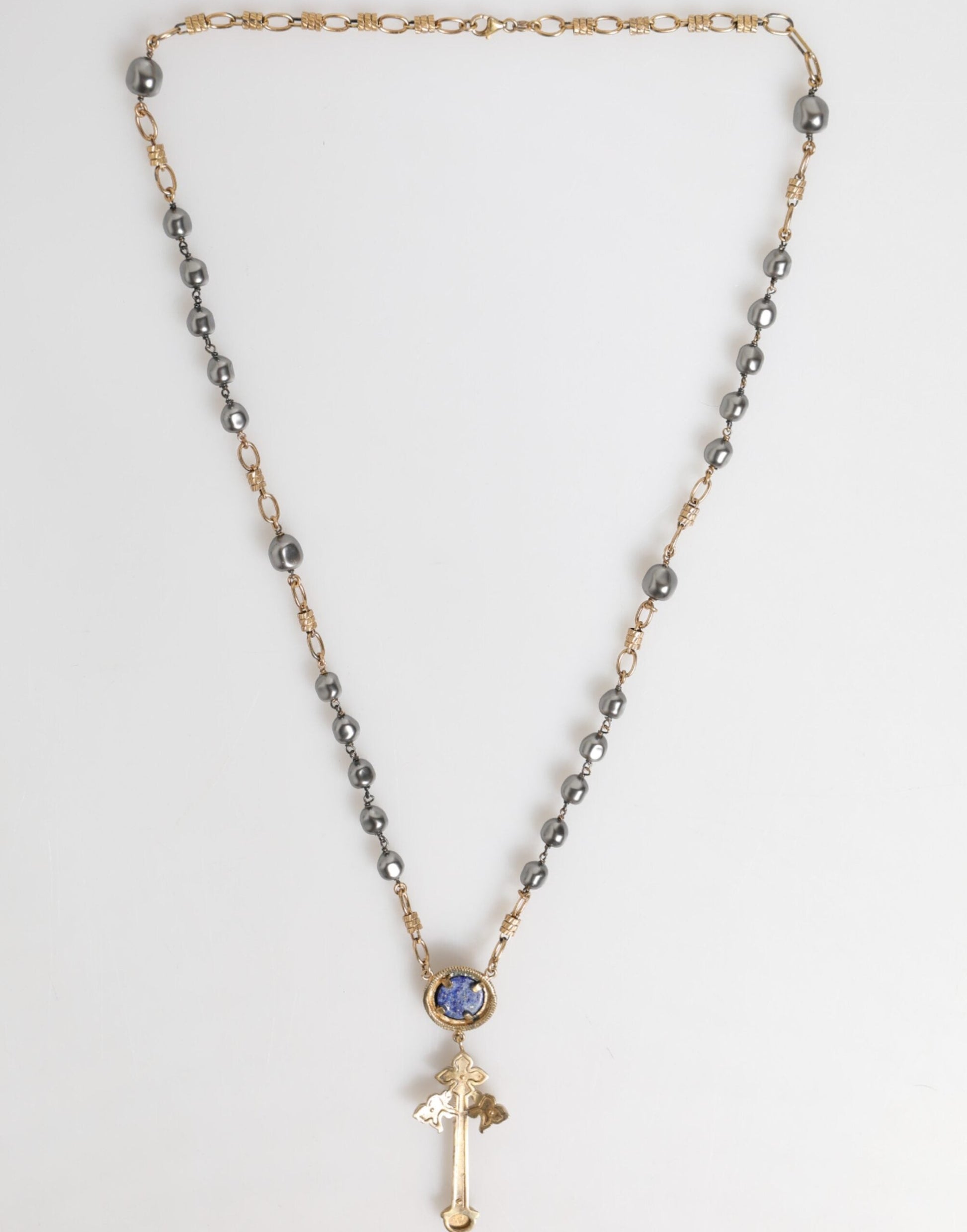 Dolce & Gabbana Goldton Perlenkette Religiöses Kreuz Halskette