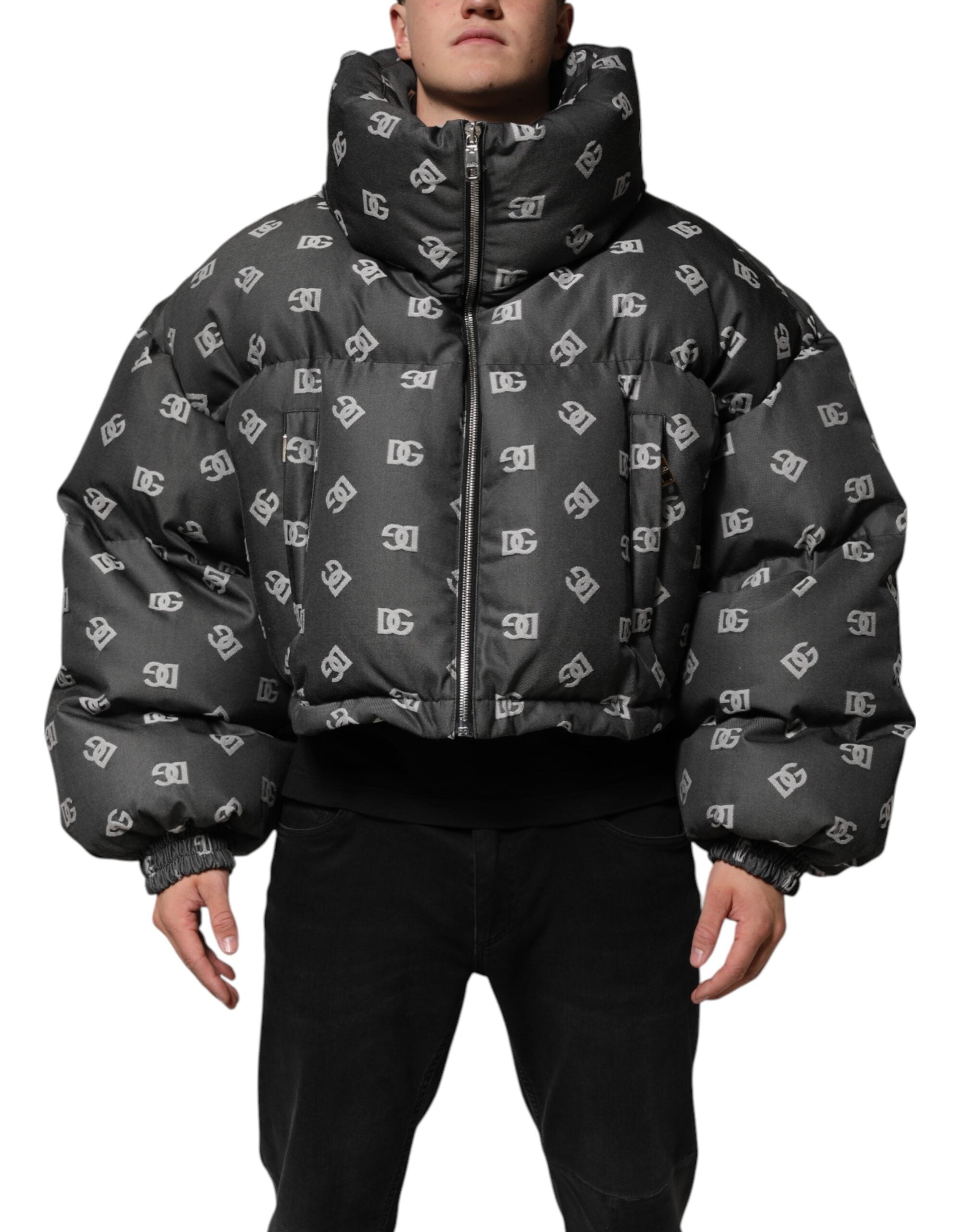 Dolce & Gabbana Schwarze DG Monogram Full Zip Pufferjacke für Männer