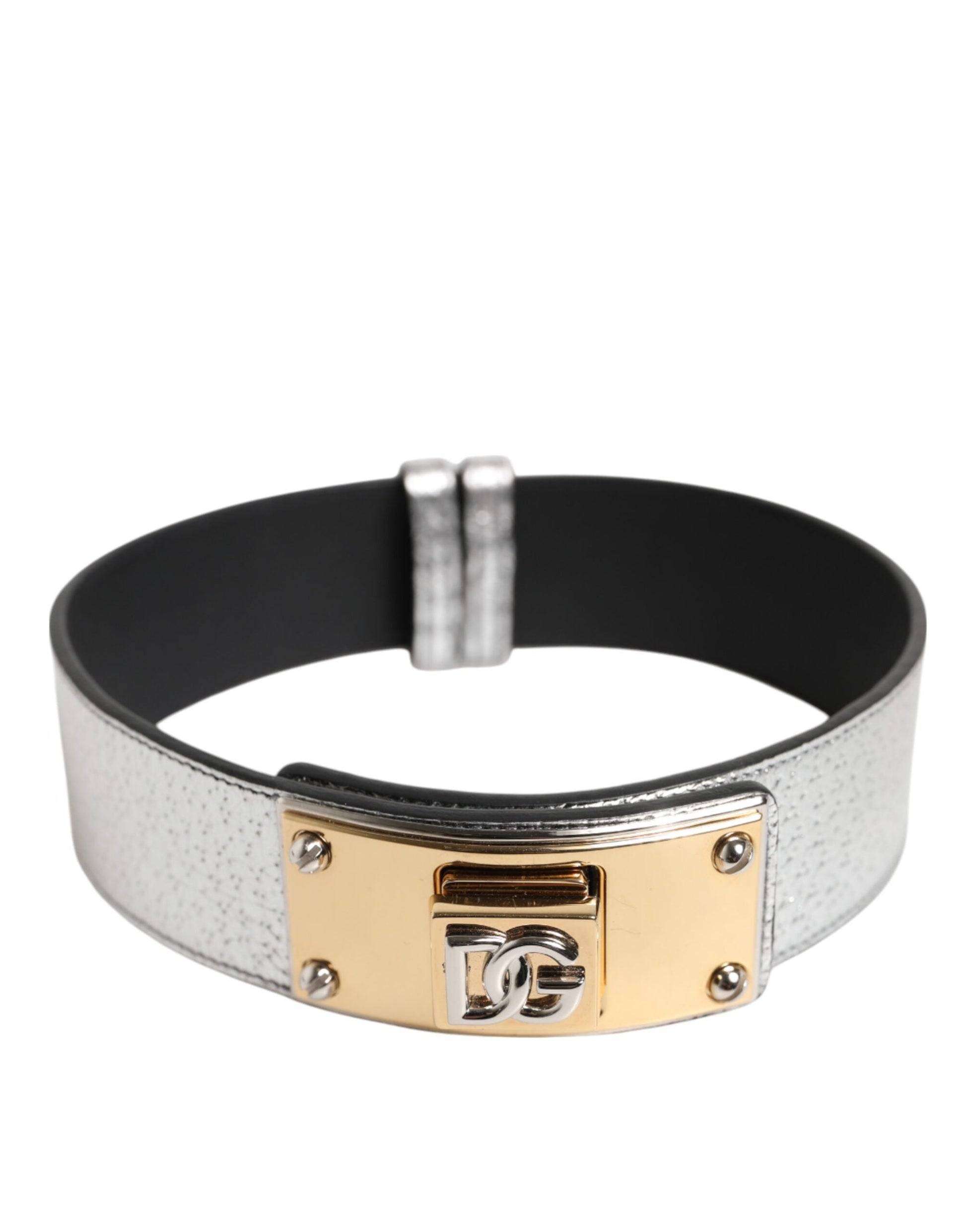 Dolce & Gabbana Silbernes strukturiertes Leder, goldfarbenes Metallhalsband