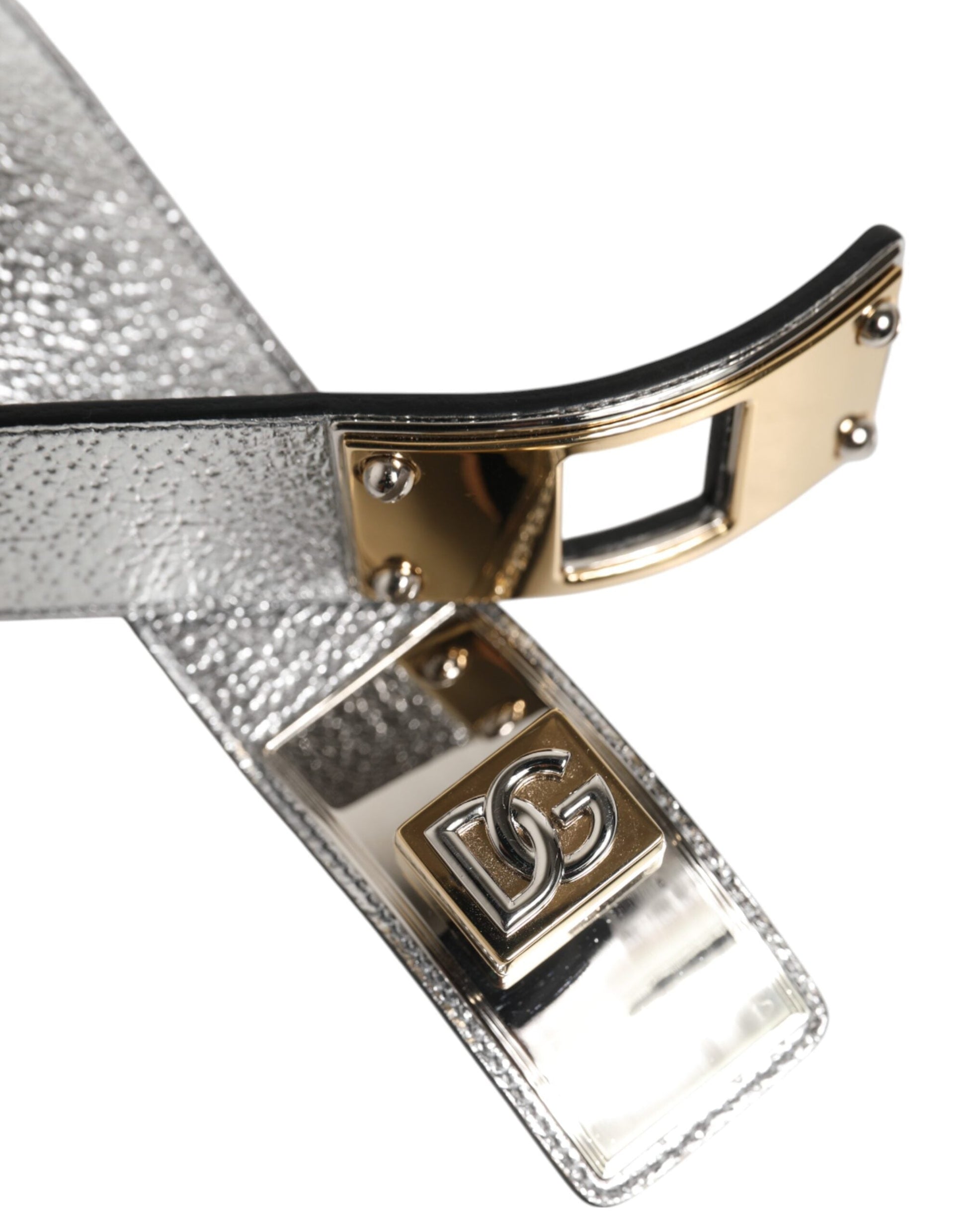 Dolce & Gabbana Silbernes strukturiertes Leder, goldfarbenes Metallhalsband