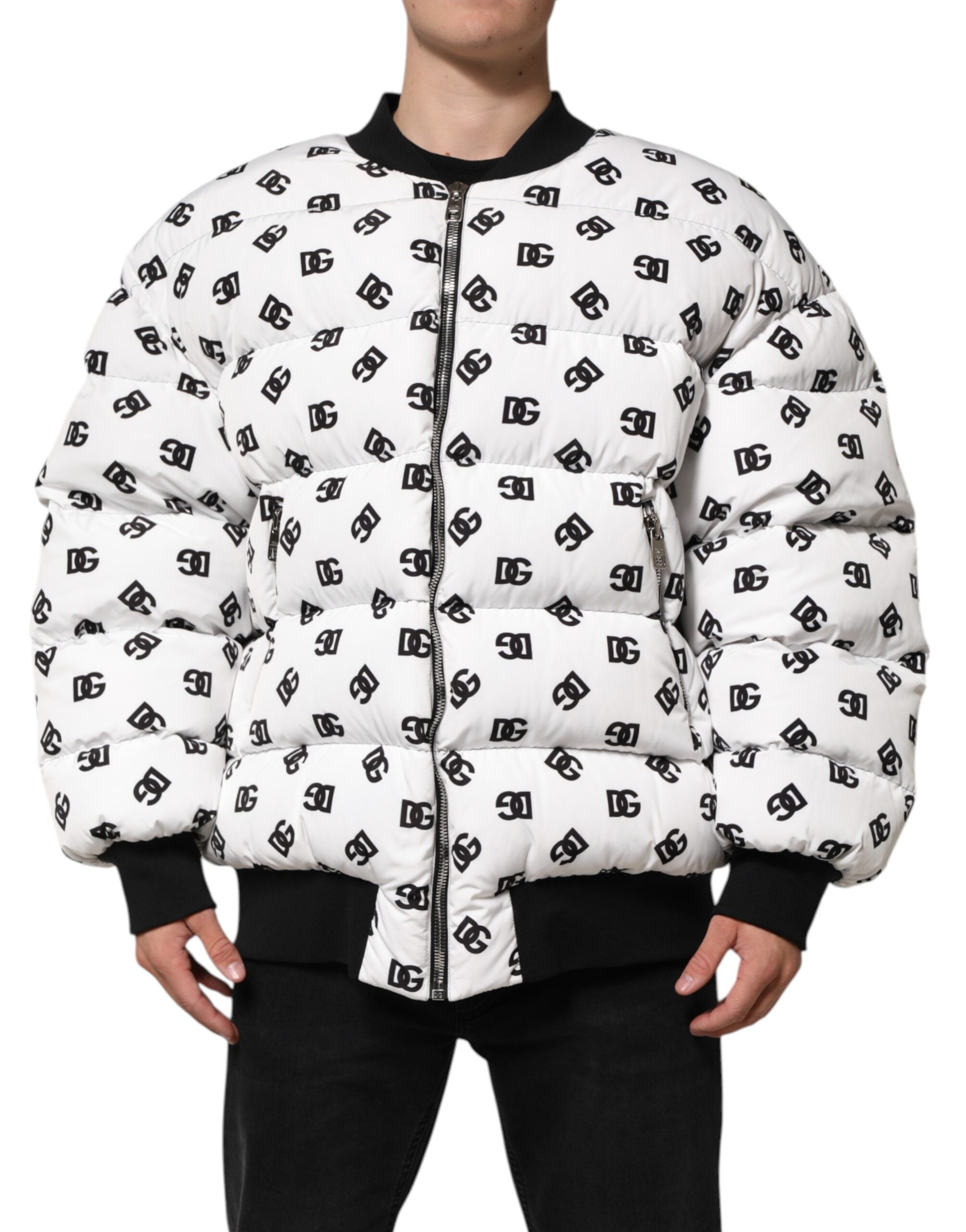Dolce & Gabbana Weiße DG Monogram Steppjacke mit durchgehendem Reißverschluss