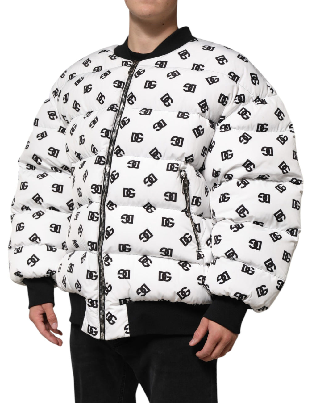 Dolce & Gabbana Weiße DG Monogram Steppjacke mit durchgehendem Reißverschluss