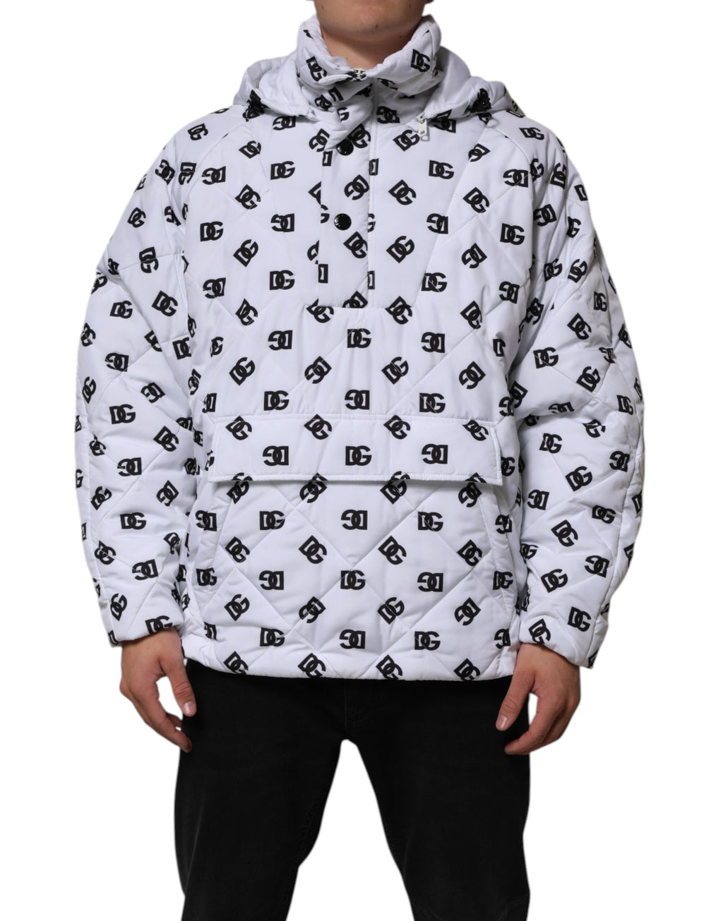 Dolce & Gabbana Weiße DG Monogramm Steppjacke mit Kapuze